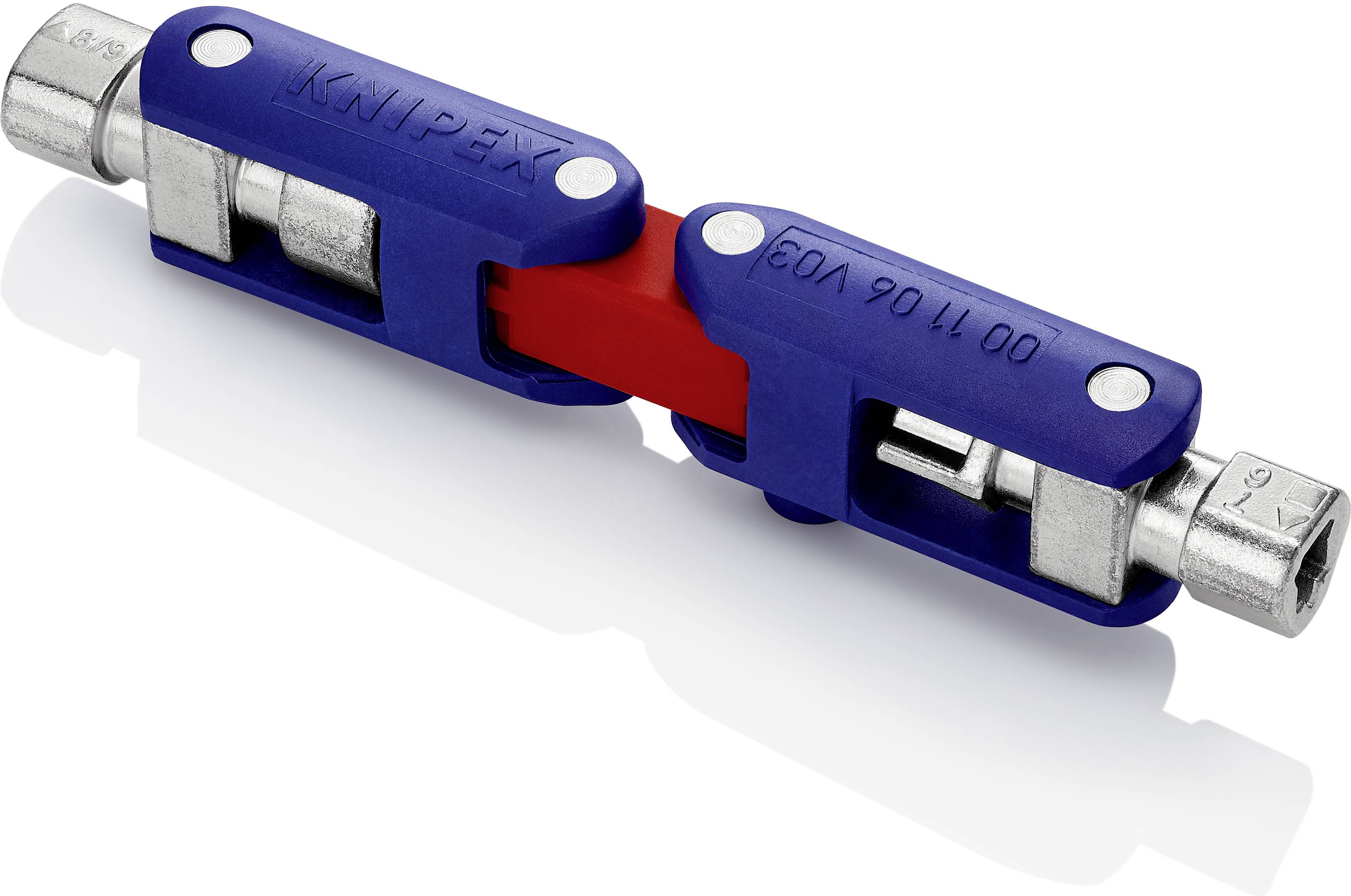 Knipex-Doppel-Schlüssel mit blau-rotem Gehäuse und silbernen Enden, verwendet für Heizung, Belüftung und Sanitäranwendungen.