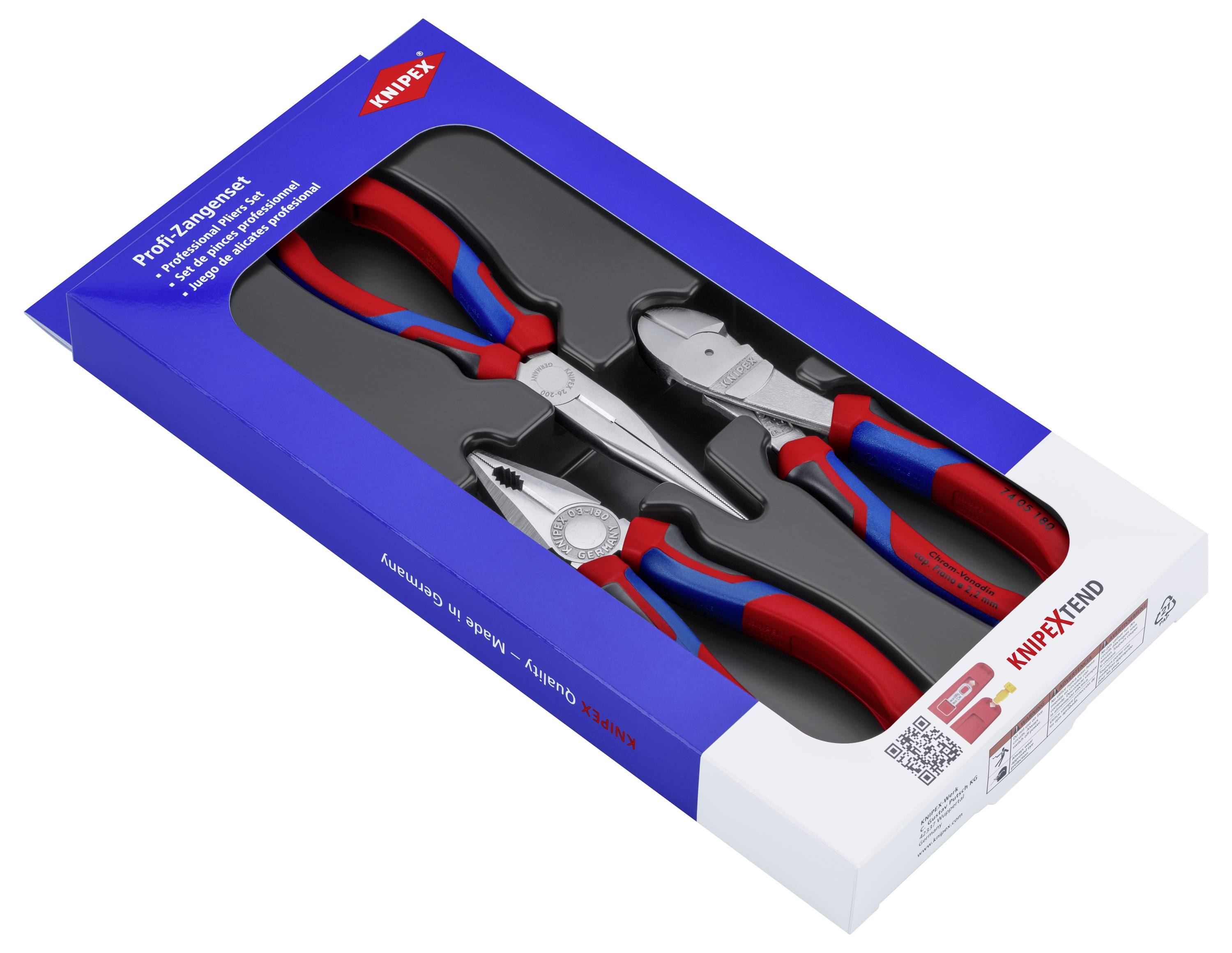 Set mit drei verschiedenen Zangen in blau-roter Verpackung, Werkzeug von Knipex.