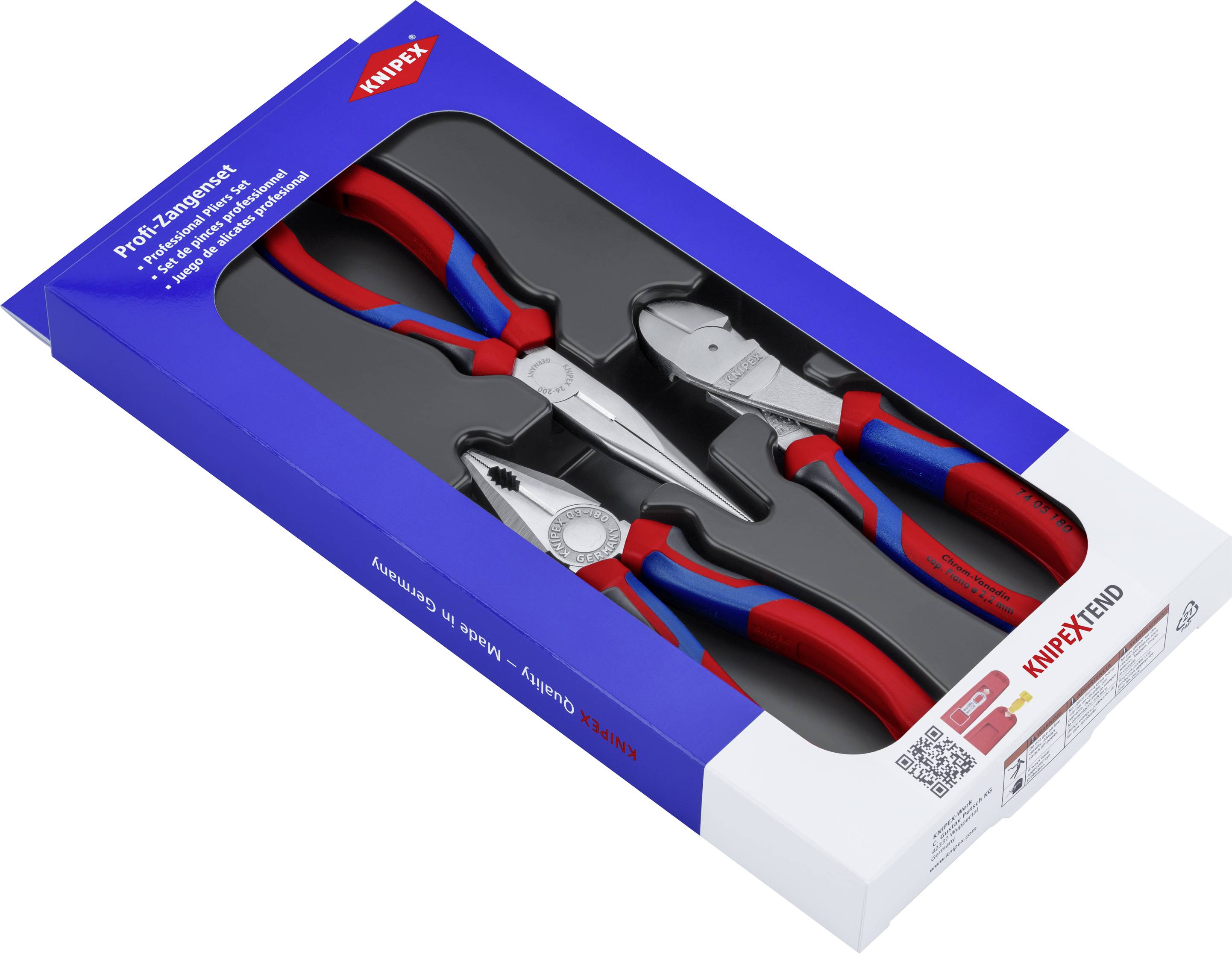 Verpackung mit drei Knipex-Zangen in Rot-Blau. Enthält Kombizange, Seitenschneider und Wasserpumpenzange.