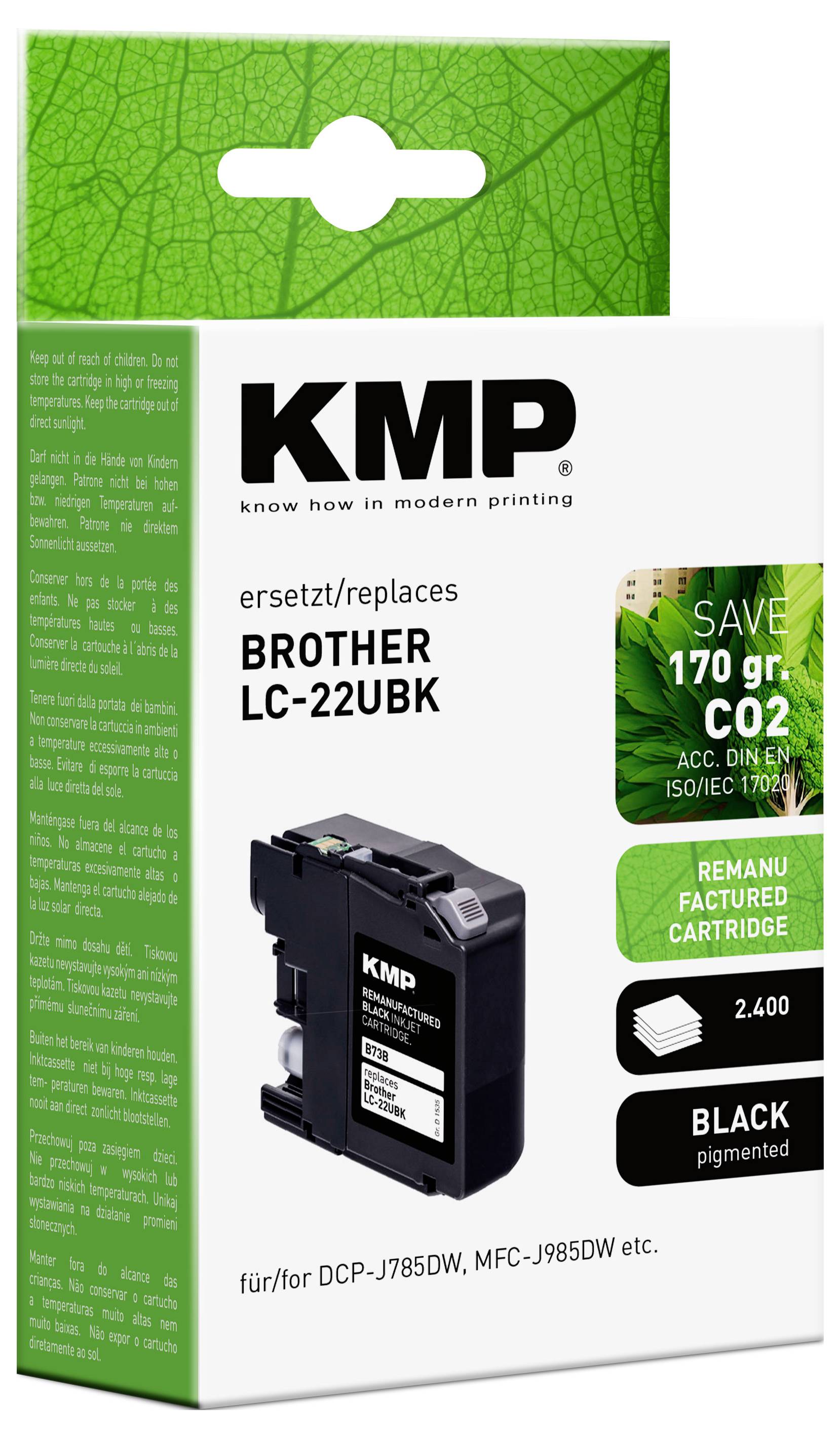 Verpackung für eine regenerierte Schwarztinte-Kartusche, kompatibel mit Brother LC-22UBK, spart 170g CO2, geeignet für spezifische Druckermodelle.