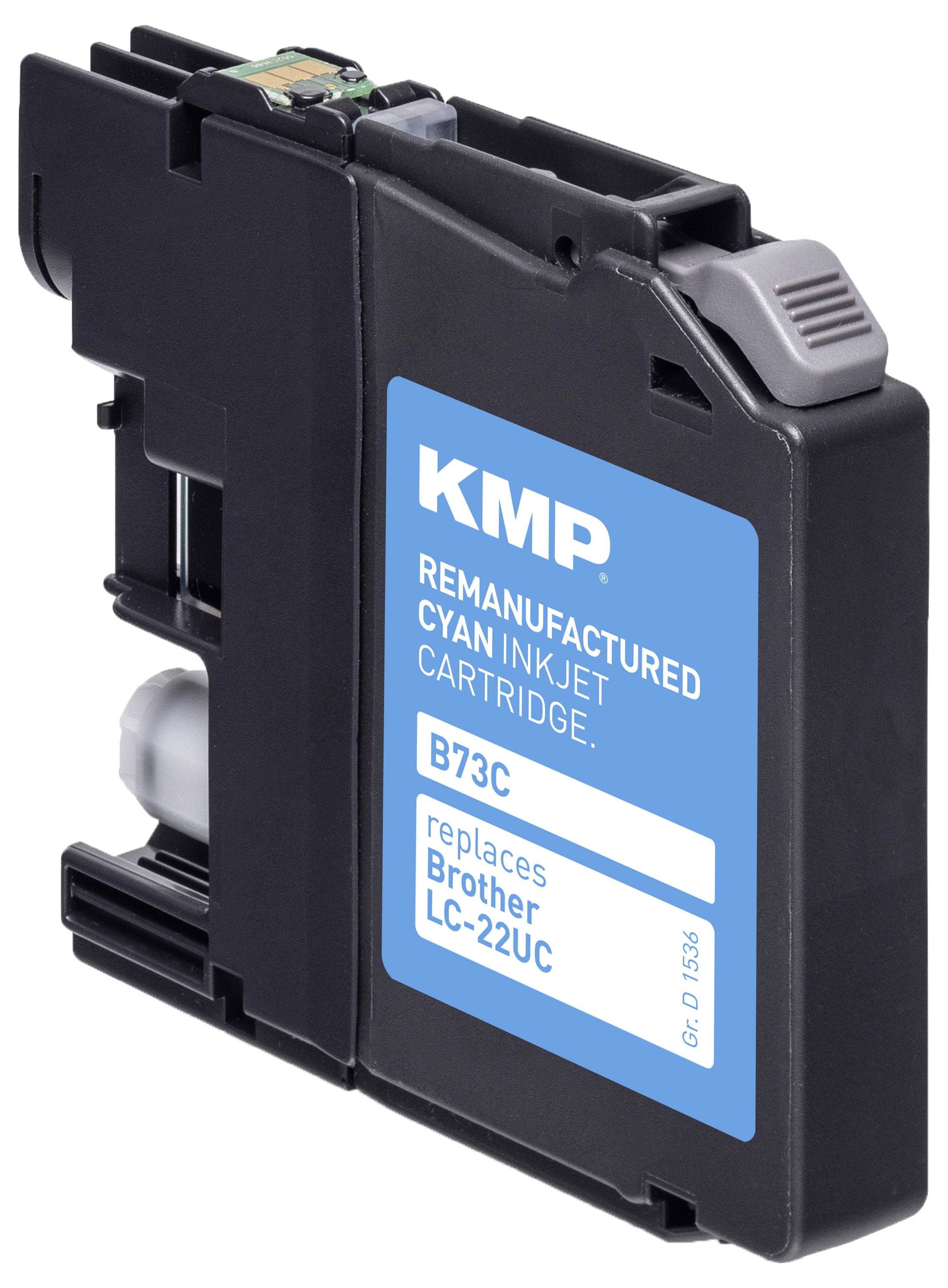Restaurierter Cyan-Tintenpatrone mit der Bezeichnung 'KMP B73C', kompatibel mit Brother LC-22UC Druckern.