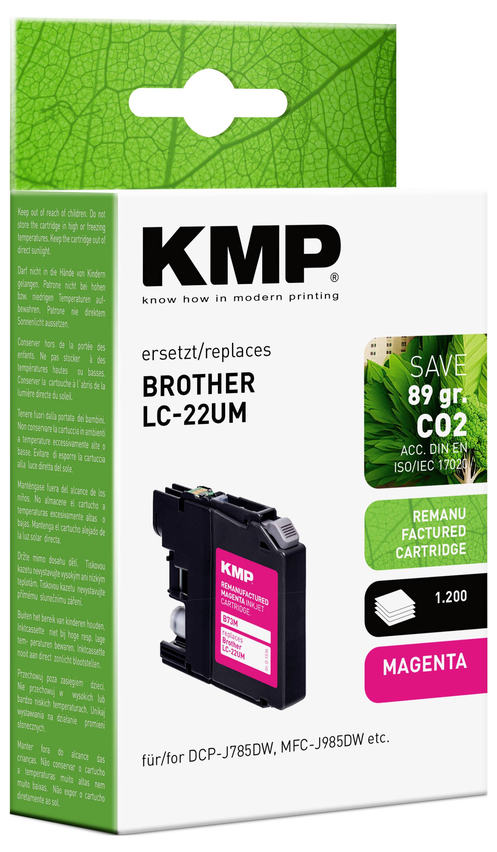 Eine KMP Druckerpatrone für Brother LC-22UM, mit Betonung der Umweltvorteile durch 'Spart 89g CO2' und 'Wiederbefüllte Patrone'.