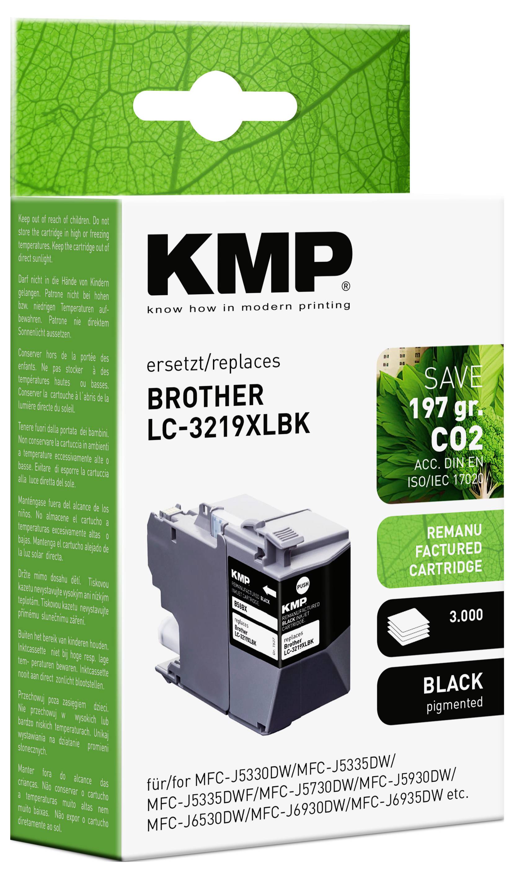 KMP Brother LC-3219XLBK Tintenkartusche, ersetzt Brother-Modelle. Schwarze Tinte für 3.000 Seiten. Umweltfreundlich mit 197g CO2-Einsparung.