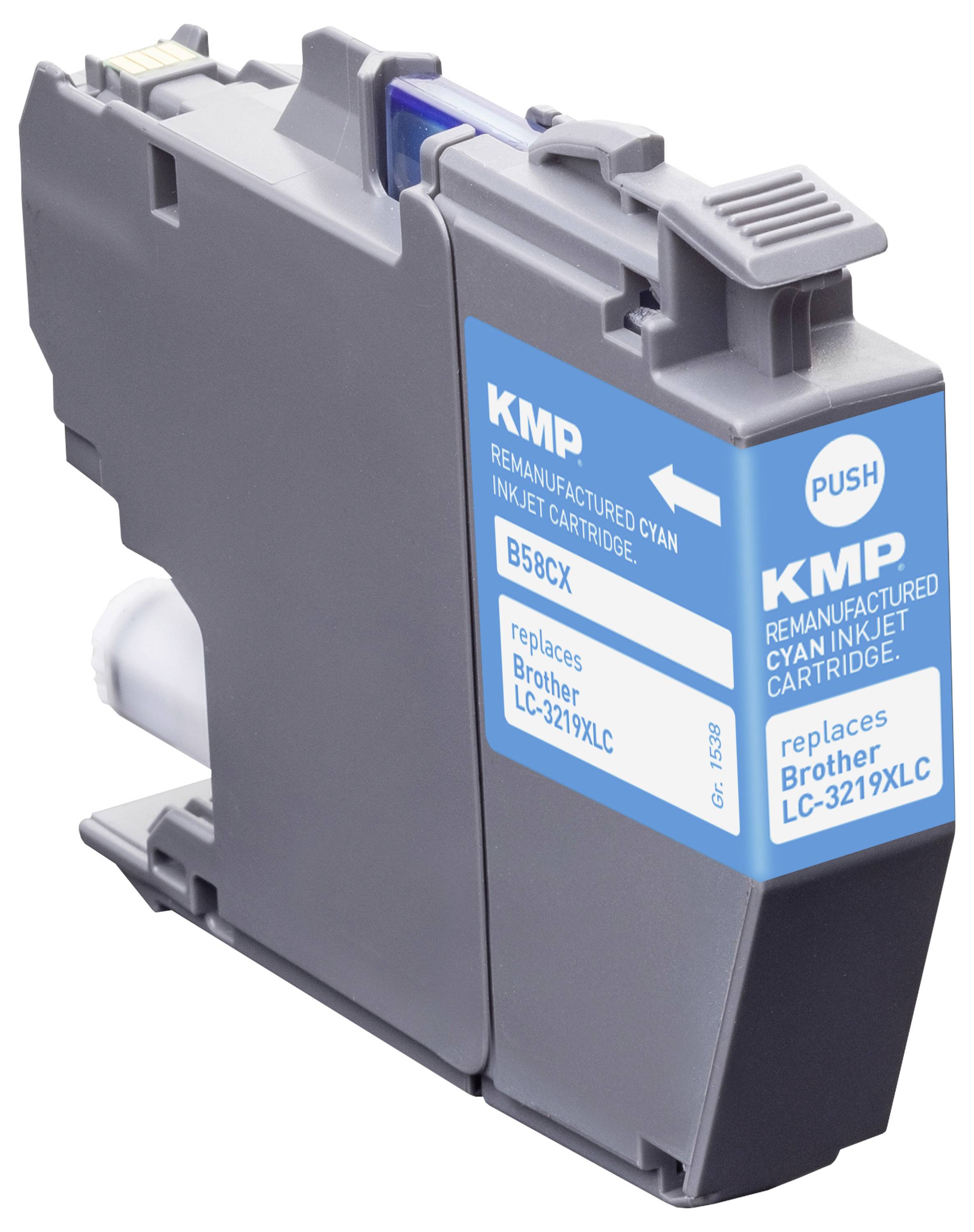 Cyan-Tintenpatrone mit der Bezeichnung 'KMP Aufbereitete Cyan-Tintenpatrone', kompatibel mit Brother LC-3219XLC Druckern.