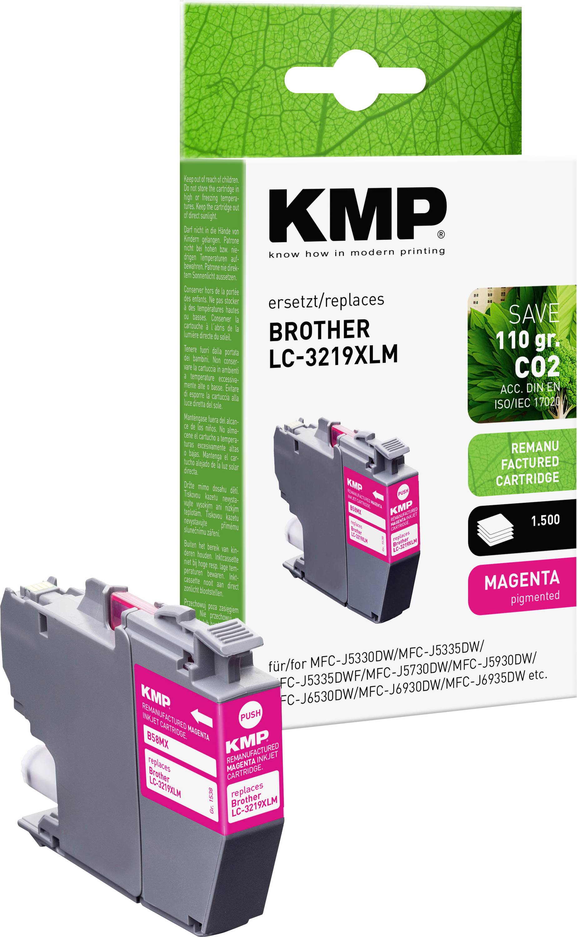 Verpackungsbild einer KMP Tintenpatrone für Brother-Drucker, Modell LC-3219XLM, in Magenta gekennzeichnet, mit Hinweisen auf Umweltfreundlichkeit und CO2-Einsparung.