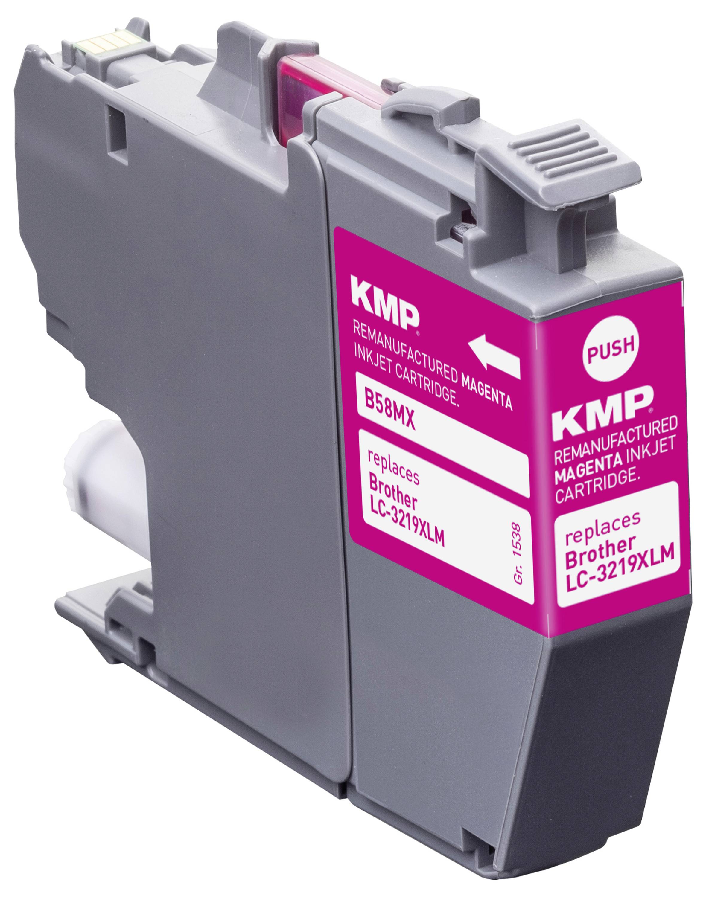 Magenta Tintenpatrone der Marke 'KMP' für Brother-Drucker, Modell LC-3219XLM, mit Anleitung zum Einsetzen.