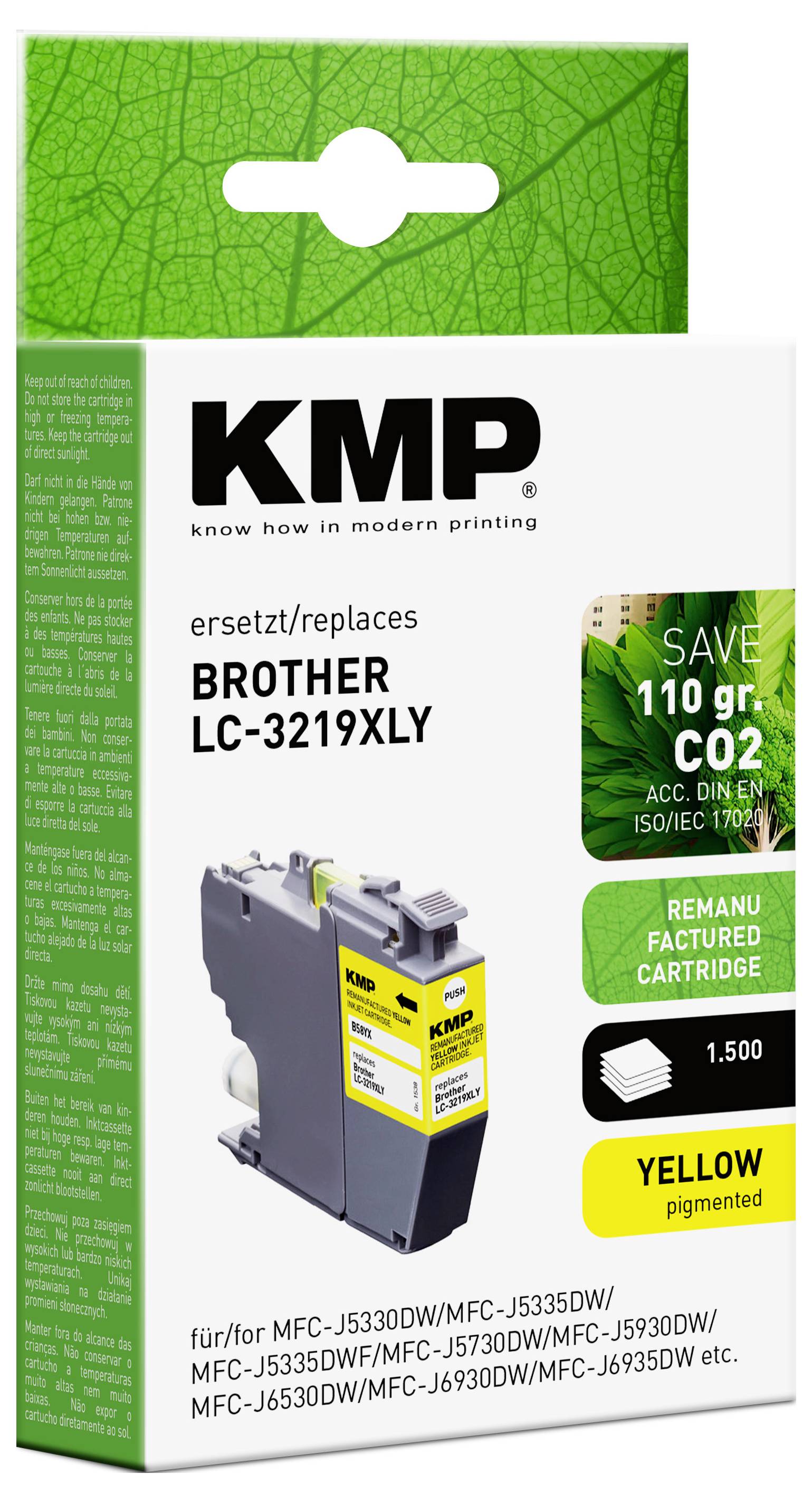 Verpackung für eine KMP-Wiederaufbereitungspatrone für gelbe Tinte, Ersatz für Brother LC-3219XLY, mit CO2-Einsparung von 110g.
