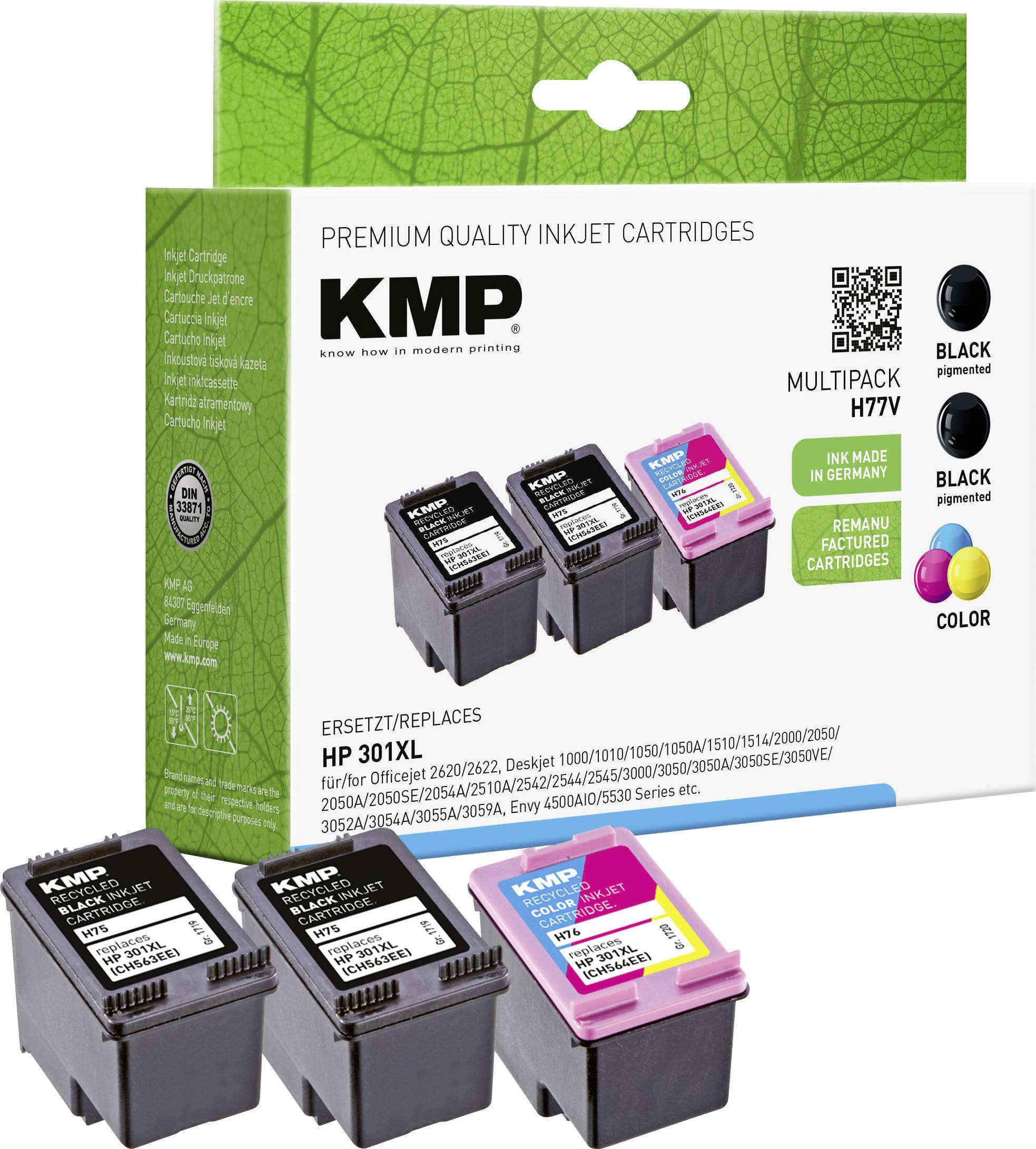 KMP Druckerpatrone ersetzt HP 301XL, CH563EE, CH564EE Kompatibel Kombi-Pack Schwarz, Cyan, Magenta