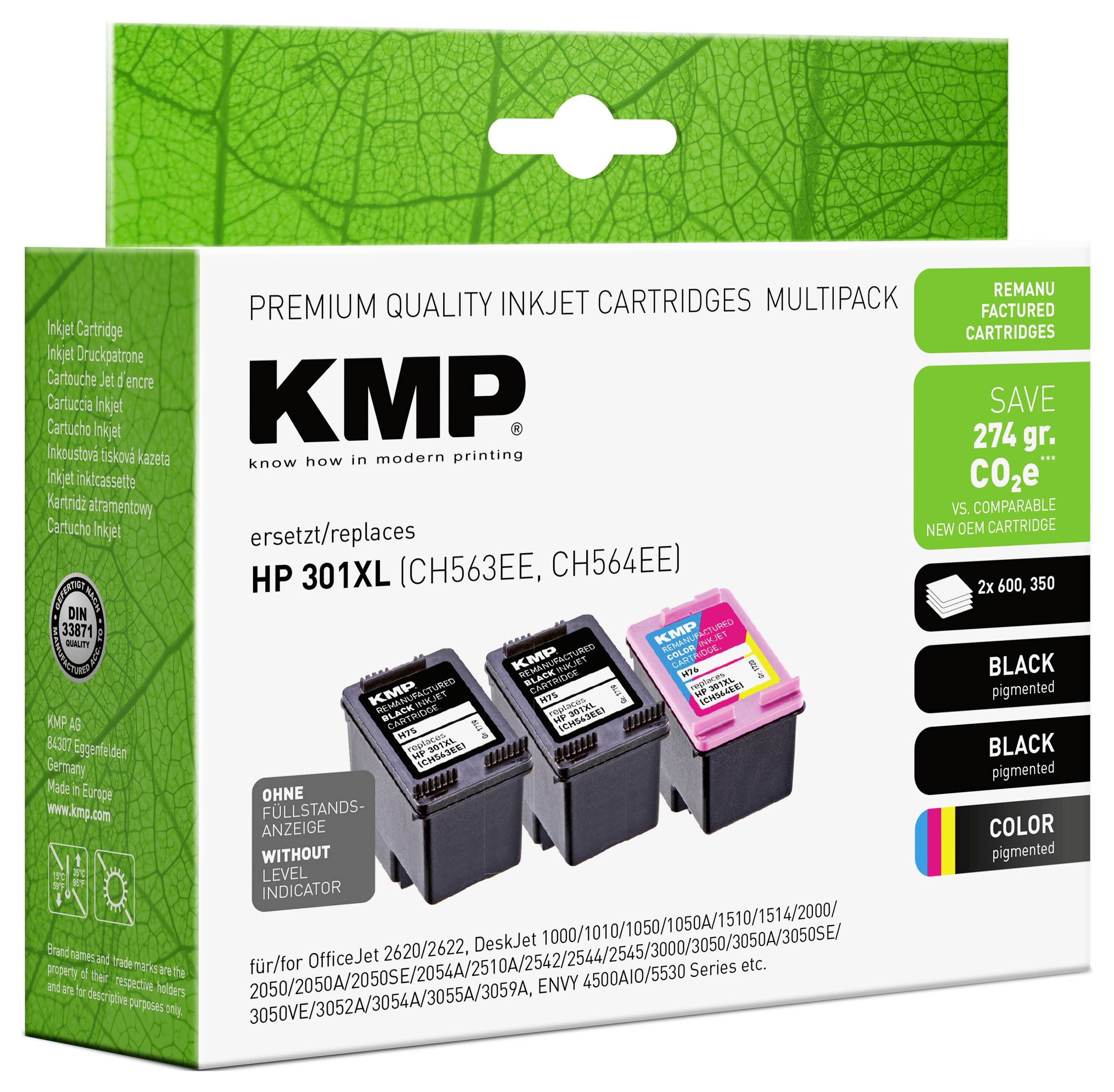 KMP Premium-Qualität Tintenstrahlpatrone Multipack für HP 301XL, zeigt zwei schwarze Patronen und eine Farbpatrone, mit Spar- und Kompatibilitätsetiketten.