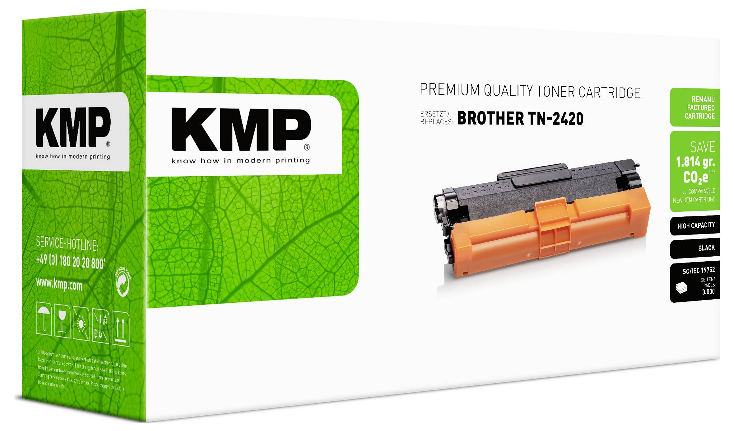 KMP Premium-Qualität Tonerkassette für Brother TN-2420, mit einer orange-schwarzen Kassette und Sparsam-Anspruch.