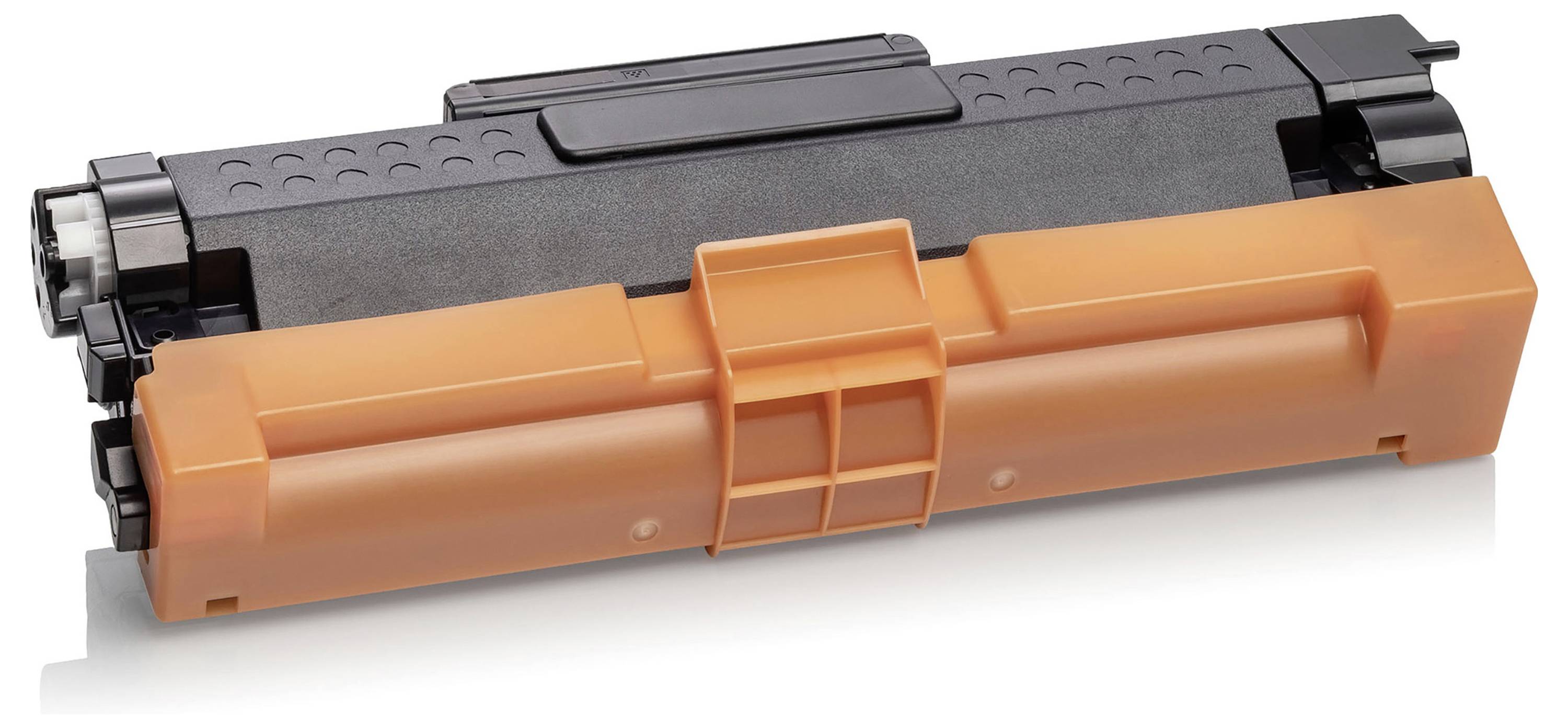 Schwarz-orange Druckertonerkassette auf weißem Hintergrund, in Nahaufnahme dargestellt.
