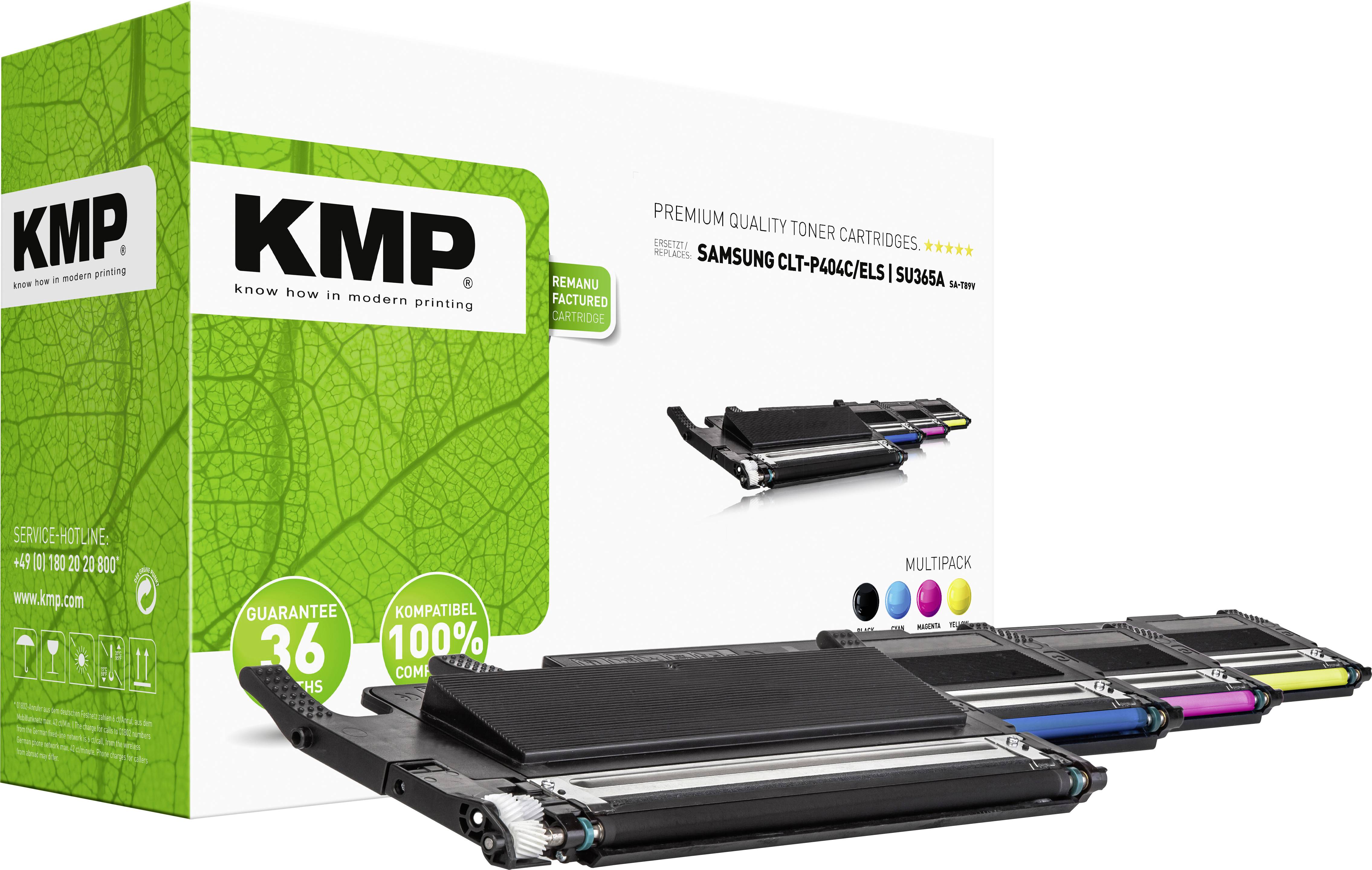 Eine Verpackung für KMP-Toner mit vier Tonerkartuschen in Schwarz, Cyan, Magenta und Gelb. Text: 'Kompatibel 100% garantiert'.