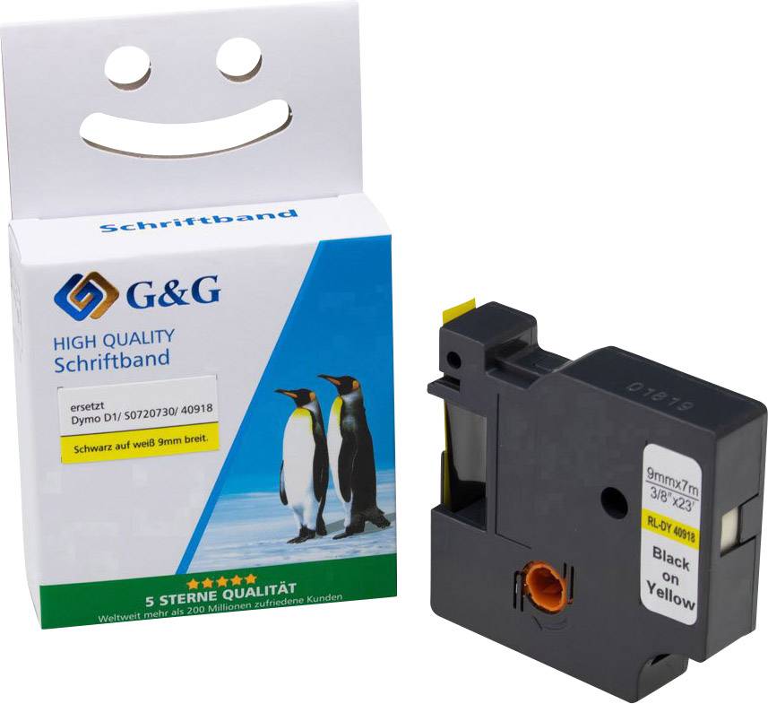 G&G Schriftband für Dymo Drucker, Ersatz für Modell 9mm x 7m, schwarz auf gelb. Verpackung mit Pinguin-Bild.