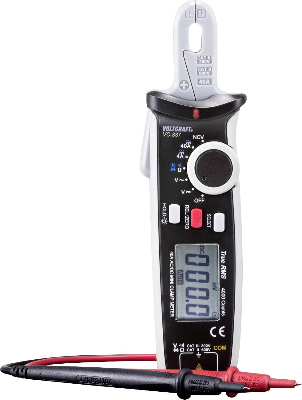 Digitales Zangenmessgerät mit LCD-Display. Misst Stromstärke (bis 400A), Spannung und Widerstand. Zwei Messleitungen sind angeschlossen.