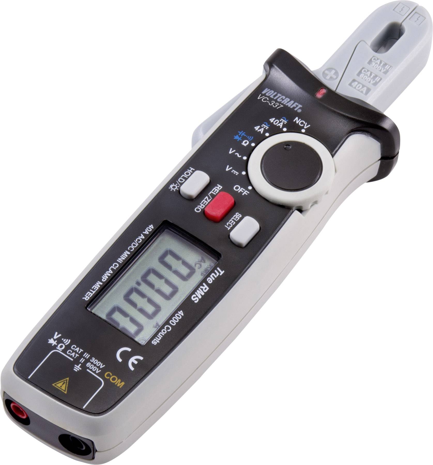Ein digitales Multimeter zur Messung elektrischer Werte, mit Display, Tasten zur Steuerung und sichtbarer Klemme für Stromstärkentest.