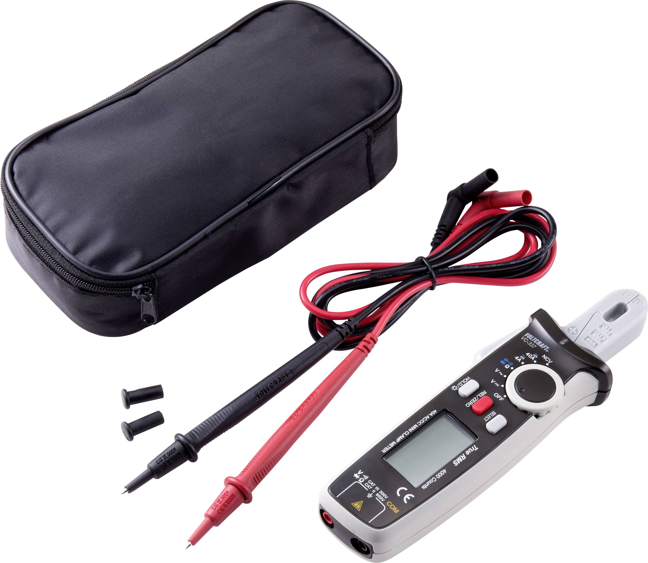 Digitales Multimeter mit Tasche und Messleitungen. Geeignet zum Messen von Spannung, Strom und Widerstand.