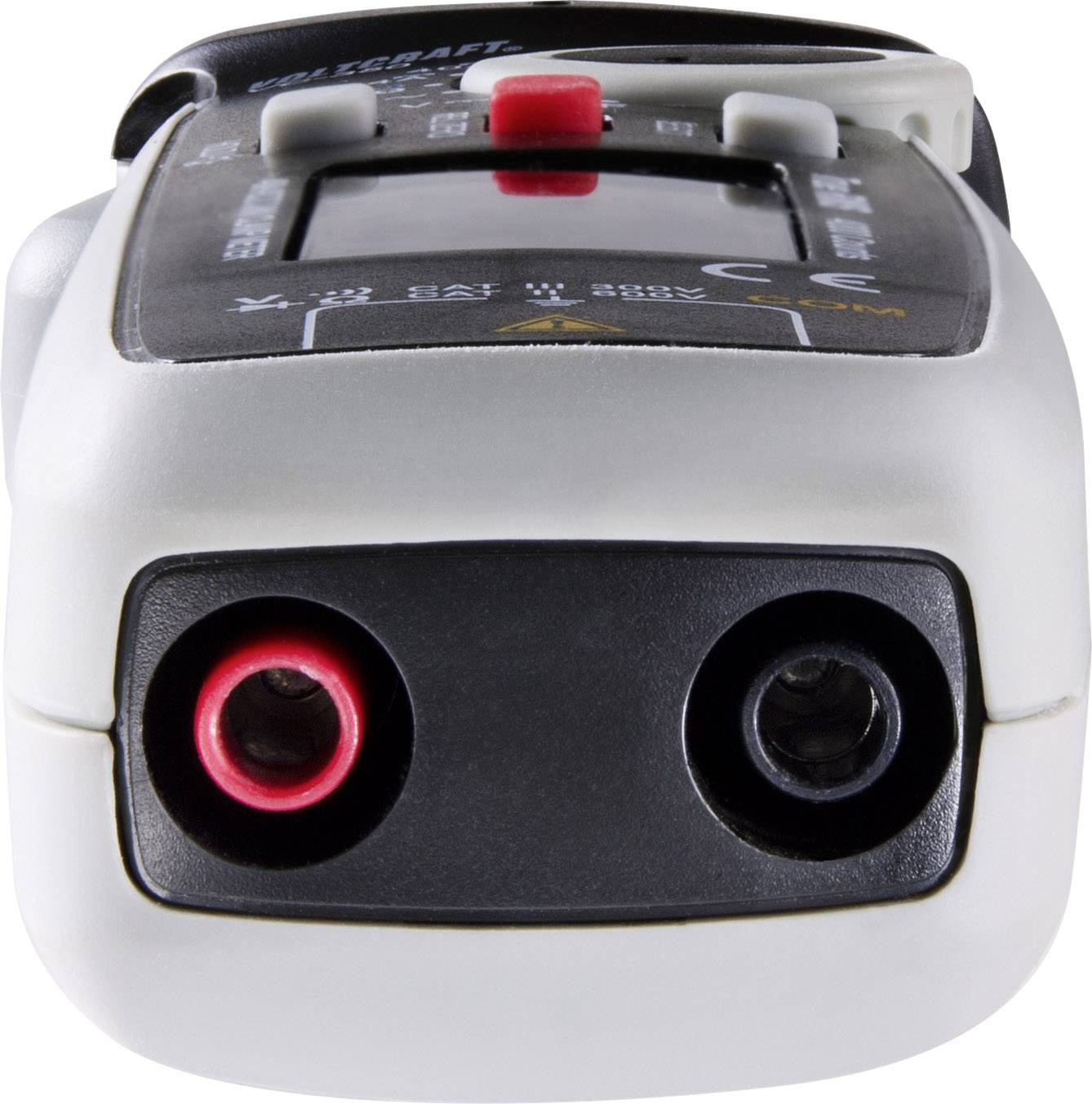 Ein digitales Multimeter von oben betrachtet, mit zwei Buchsen für Kabelverbindungen, eine in Rot, die andere in Schwarz.