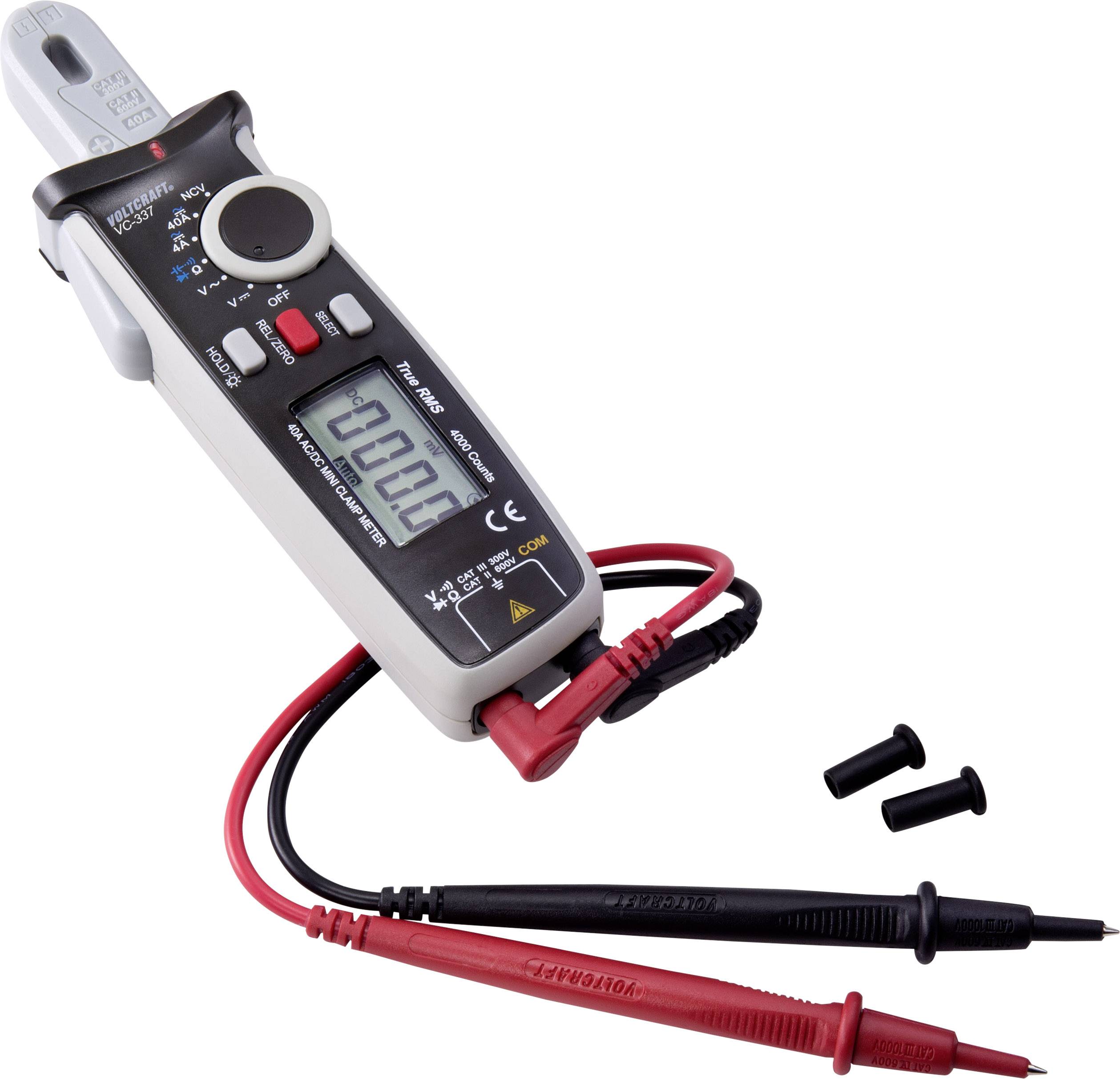 Ein digitales Multimeter mit zwei Prüfspitzen in Rot und Schwarz, das Spannungs- und Strommessungen anzeigt.