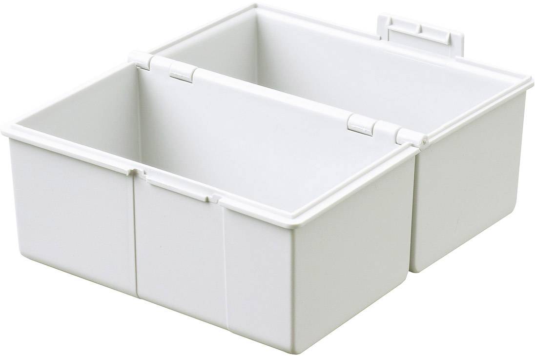 Zwei weiße Kunststoffboxen mit Deckeln, die miteinander verbunden sind. Sie scheinen zur Aufbewahrung oder Organisation von Gegenständen genutzt zu werden.