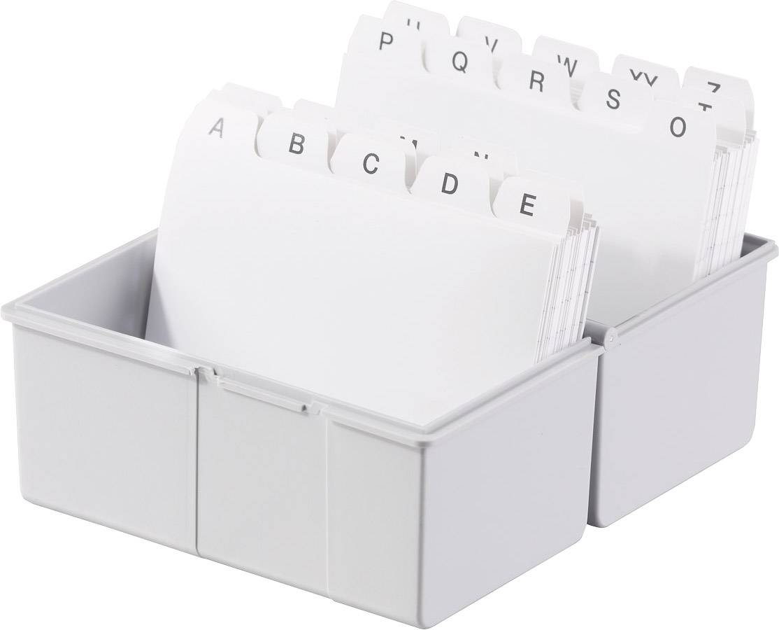 Karteikasten mit sortierten, alphabetisch beschrifteten Trennkarten von A-Z, genutzt zum Organisieren von Informationen.