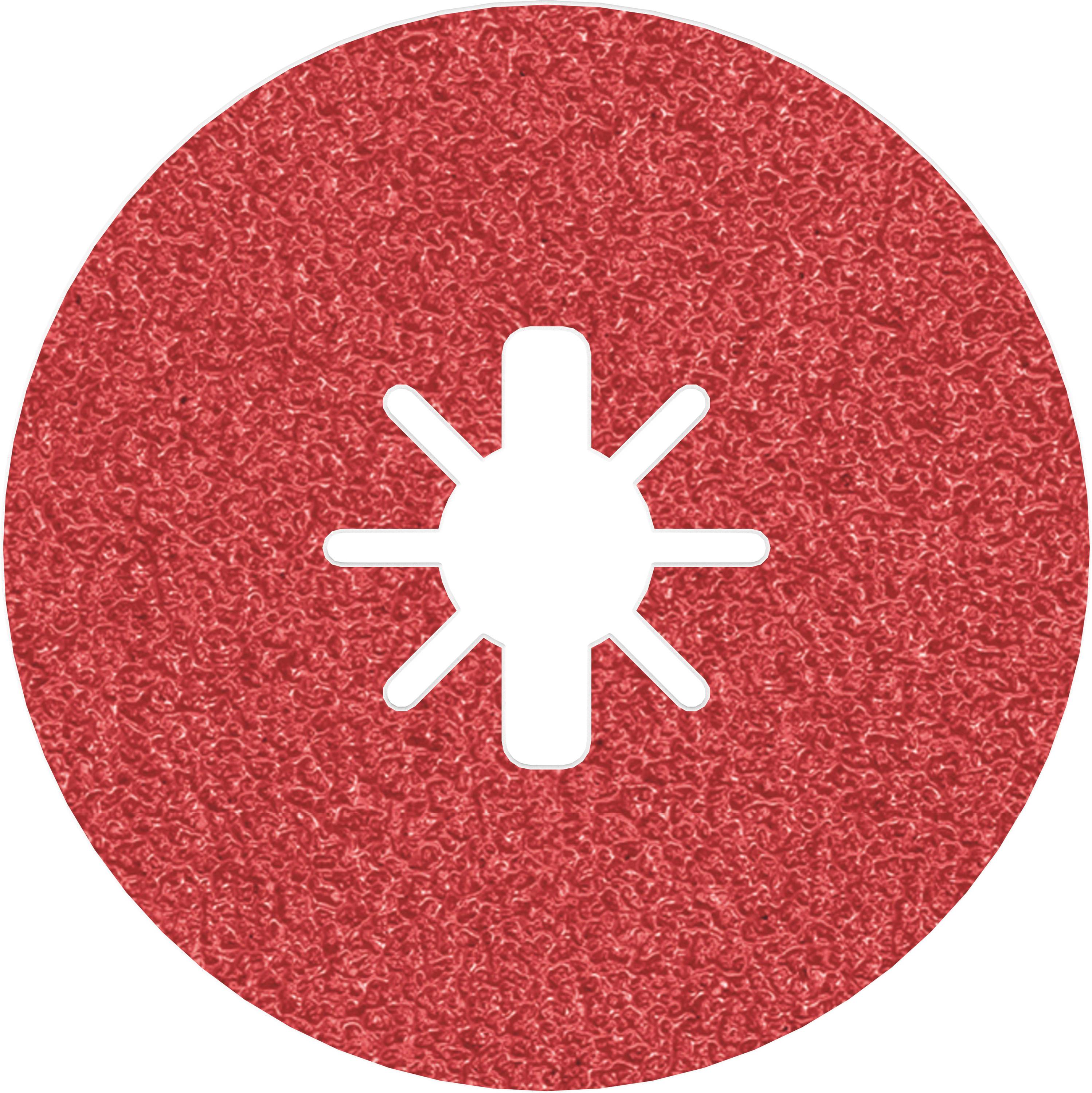 Rote, runde Schleifscheibe mit sternförmigem Loch in der Mitte, auf strukturiertem Hintergrund. Verwendet für Schleifarbeiten.