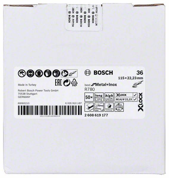 Weiße Verpackung mit Bosch-Logo oben rechts. Enthält Informationen zu Schleifscheiben: 115 x 22,23 mm, R780, für Metall und Inox.