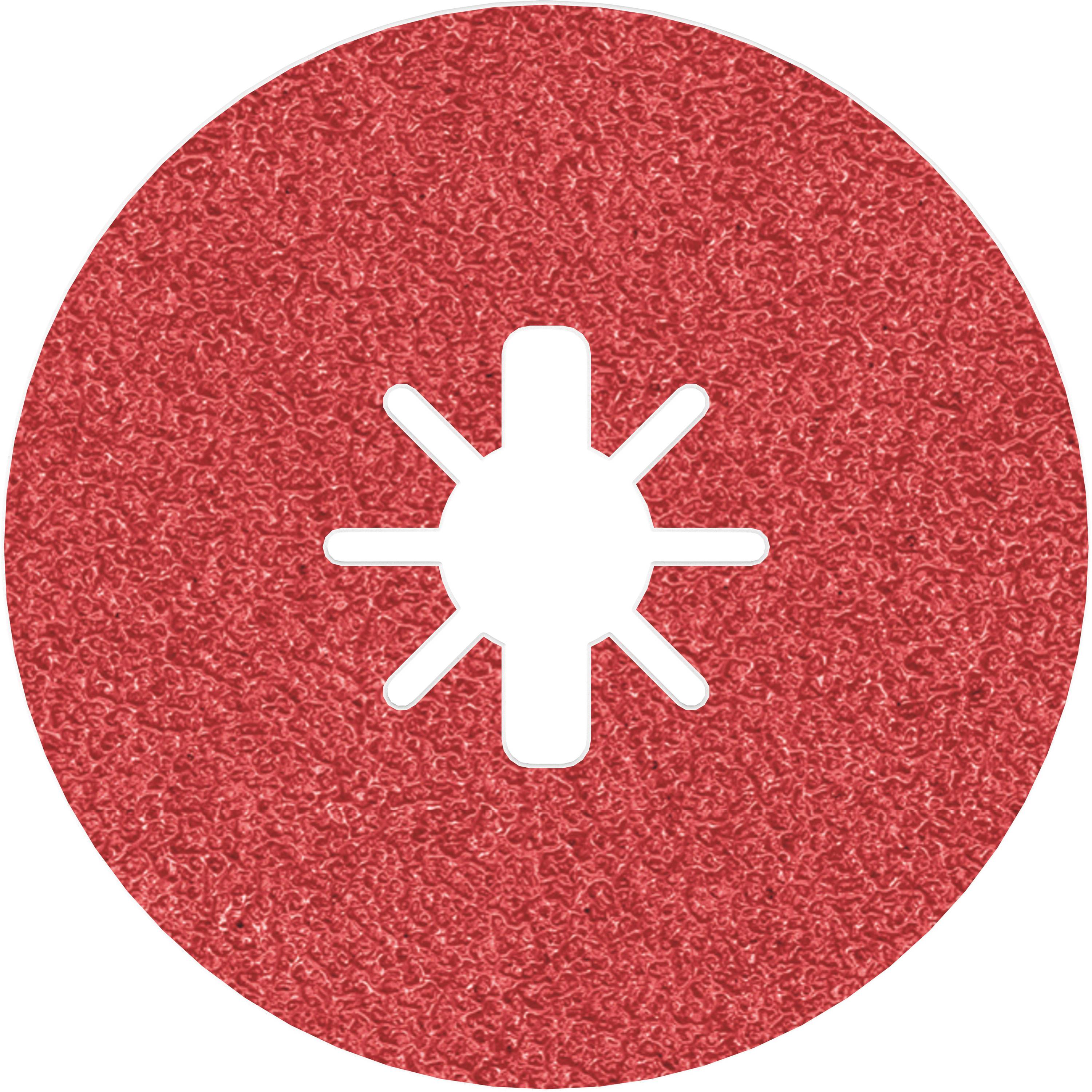 Ein roter Kreisschleifteller mit einem sternförmigen Loch in der Mitte, das zur Befestigung auf einem Schleifgerät dient.