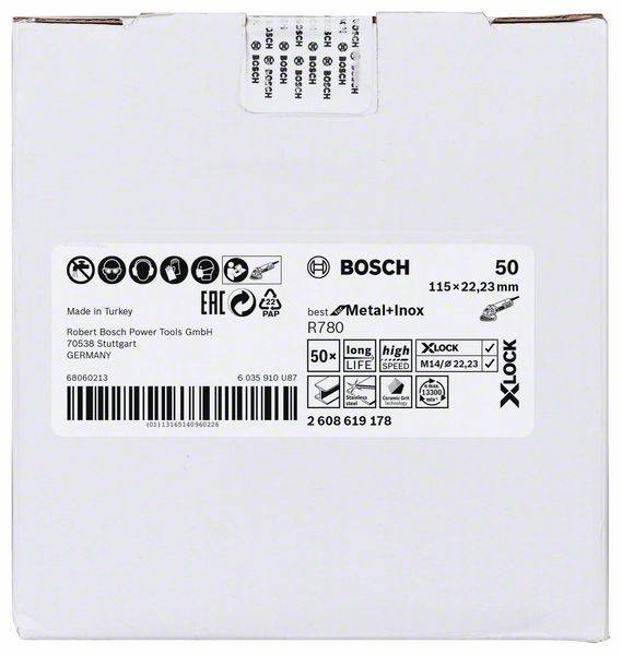 Weiße Verpackung von Bosch, enthält 50 Metall- und Inox-Trennscheiben, 115 x 22,23 mm, hergestellt in der Türkei.