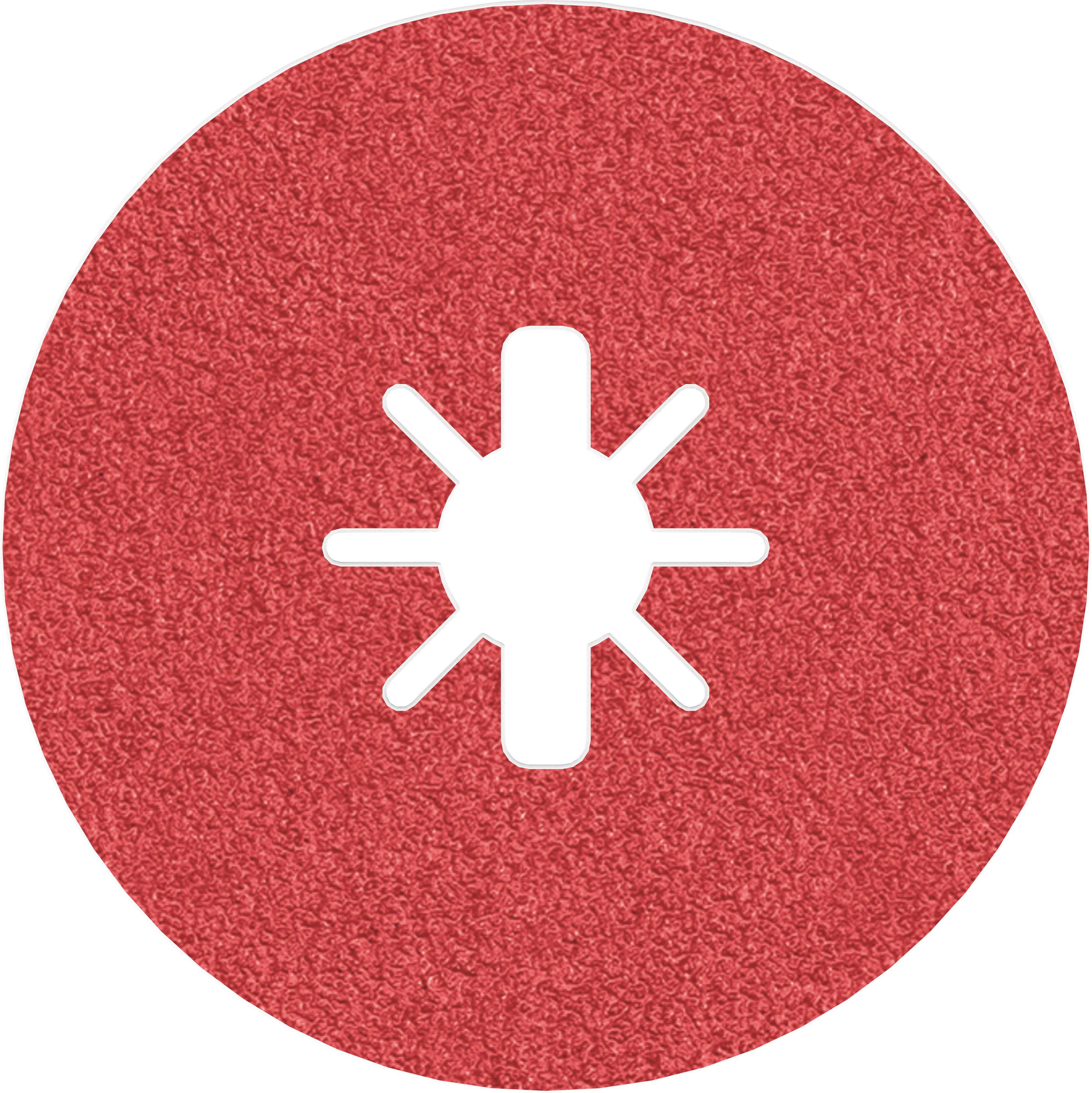 Ein rotes Schleifpapierblatt mit sternförmigen Innenausschnitten in der Mitte, geeignet für Schleifmaschinen.