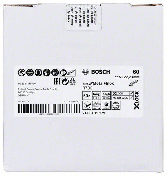 'Bosch'-Verpackung von Metall- und Edelstahl-Schleifscheiben, 115 x 22,23 mm, 60 Körnung, EAN-Codes, Hersteller- und Produktinformationen.