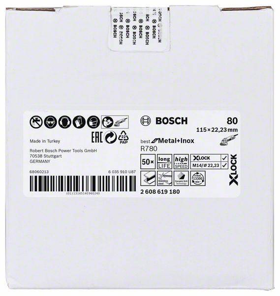 Ein Karton mit Bosch-Label enthält Schleifscheiben für Metall und Inox, 115 mm x 22,23 mm, 80 Körnung, hergestellt in der Türkei.