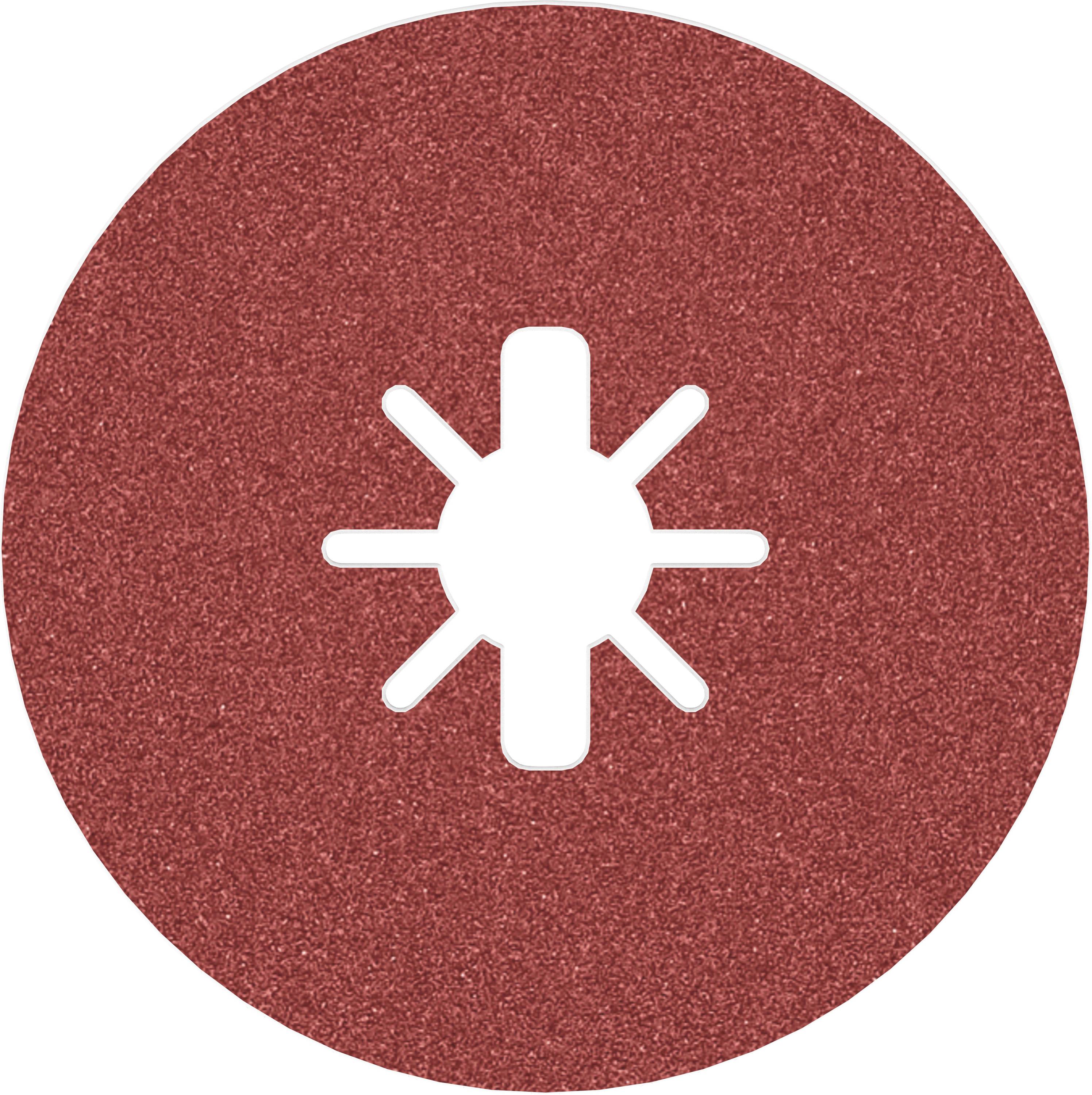 Rote Schleifscheibe mit sternförmigem Loch in der Mitte, verwendet zum Glätten von Oberflächen in der Metall- oder Holzbearbeitung.