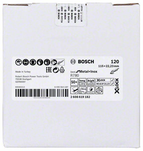 Etikett auf einer Bosch-Verpackung zeigt Produktdetails zu Schleifscheiben: Typ Metal+Inox, Größe 115 x 22,23 mm, 120 Körnung.