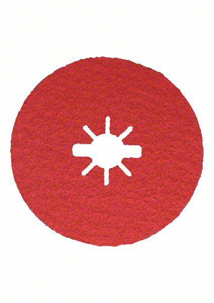 Ein roter Schleifscheibe mit sternförmigem Loch in der Mitte auf weißem Hintergrund.