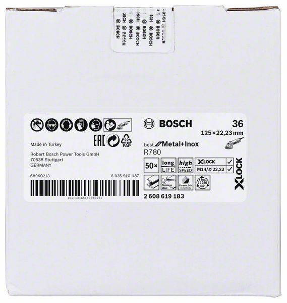 Verpackungsetikett für Bosch-Schleifscheiben: 125 mm x 22,23 mm, Metall+Inox, Körnung 36, X-Lock-System, hergestellt in der Türkei.