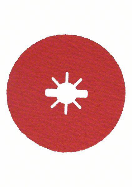 Rote runde Schleifscheibe mit einem sternförmigen Loch in der Mitte, häufig verwendet für das Schleifen von Metall oder Holz.