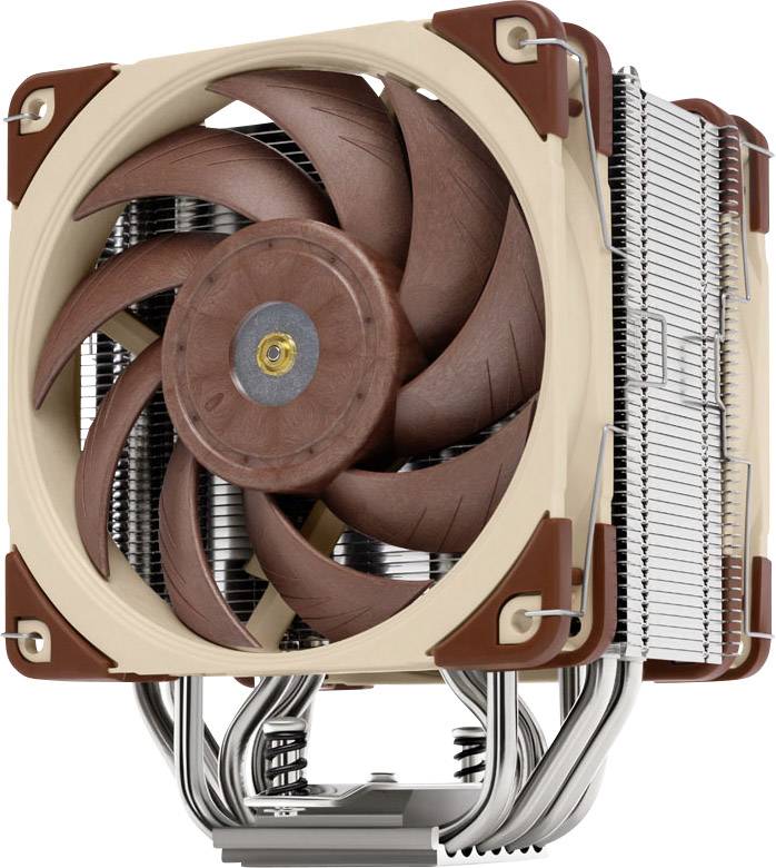 Kühlkörper mit großem Lüfter, braune und beigefarbene Elemente, silberne Kühlrippen und herausragende Metallröhren.