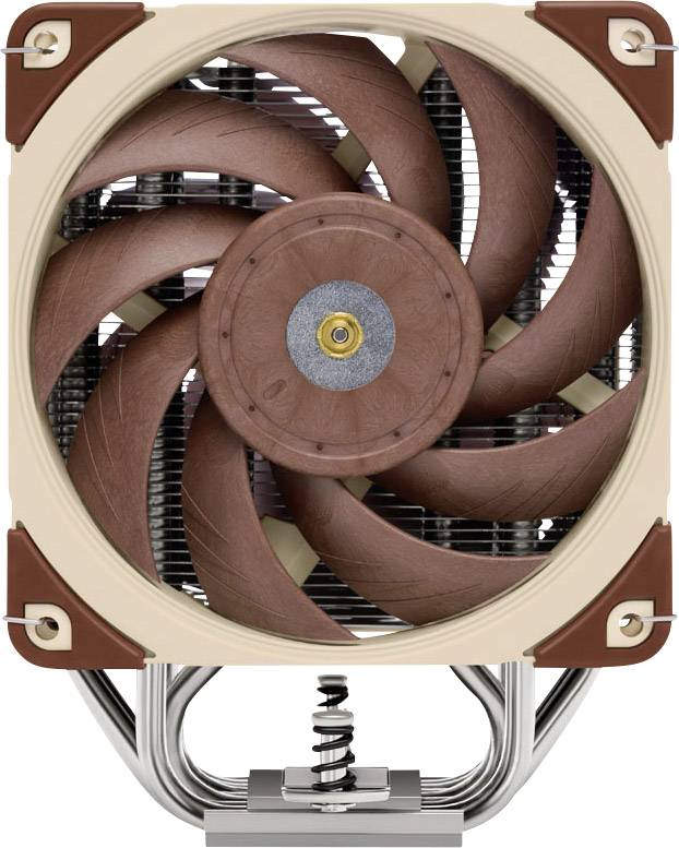 Kühler mit runden braunen Ventilatorblättern, beige Gehäuse und silbernen Kühlrippen; dient zur Kühlung von Computerprozessoren.