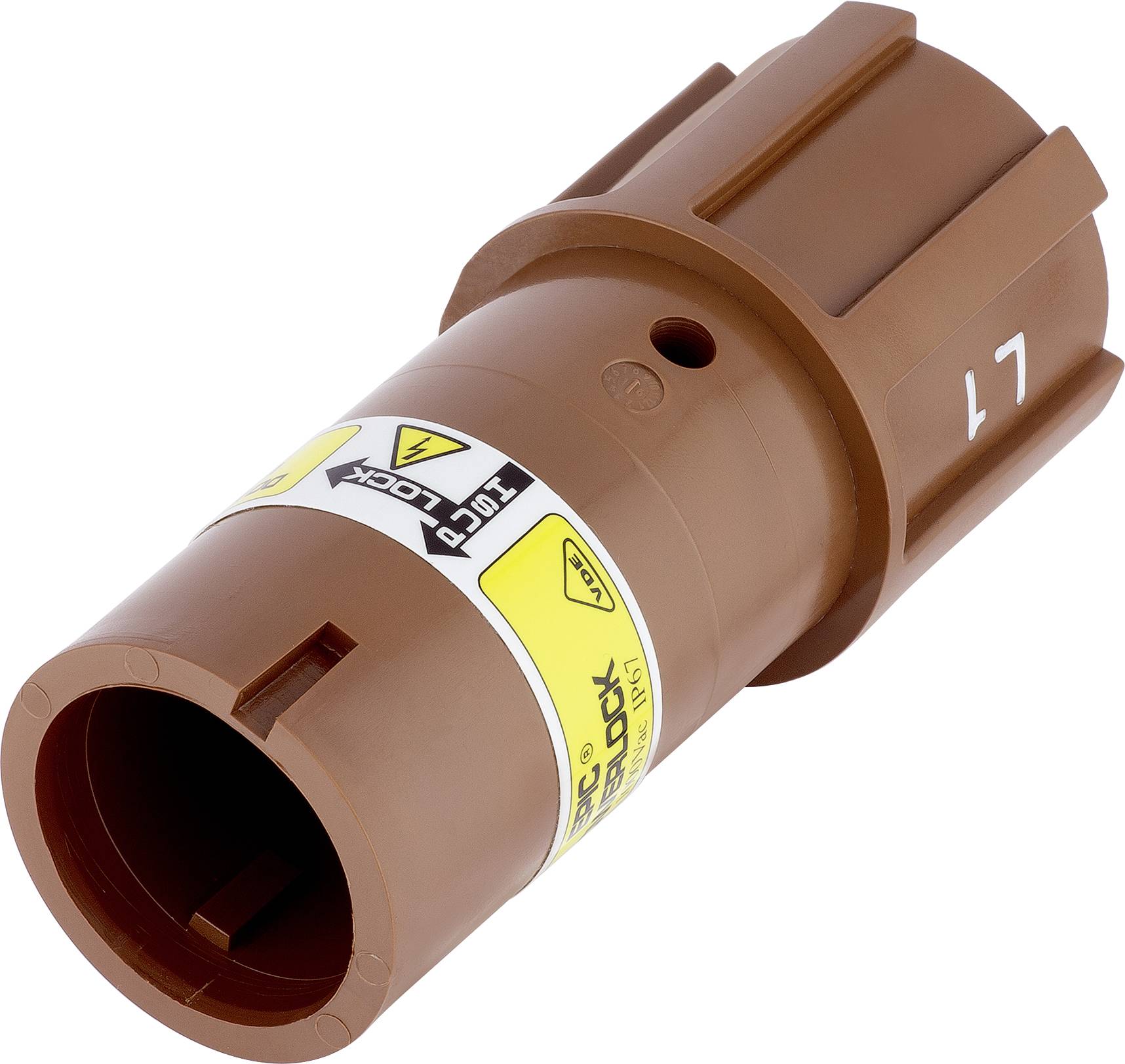 Ein brauner Kunststoffverschluss mit gelbem Etikett, auf dem 'LOCK' und 'PUSH' in schwarzer Schrift steht.