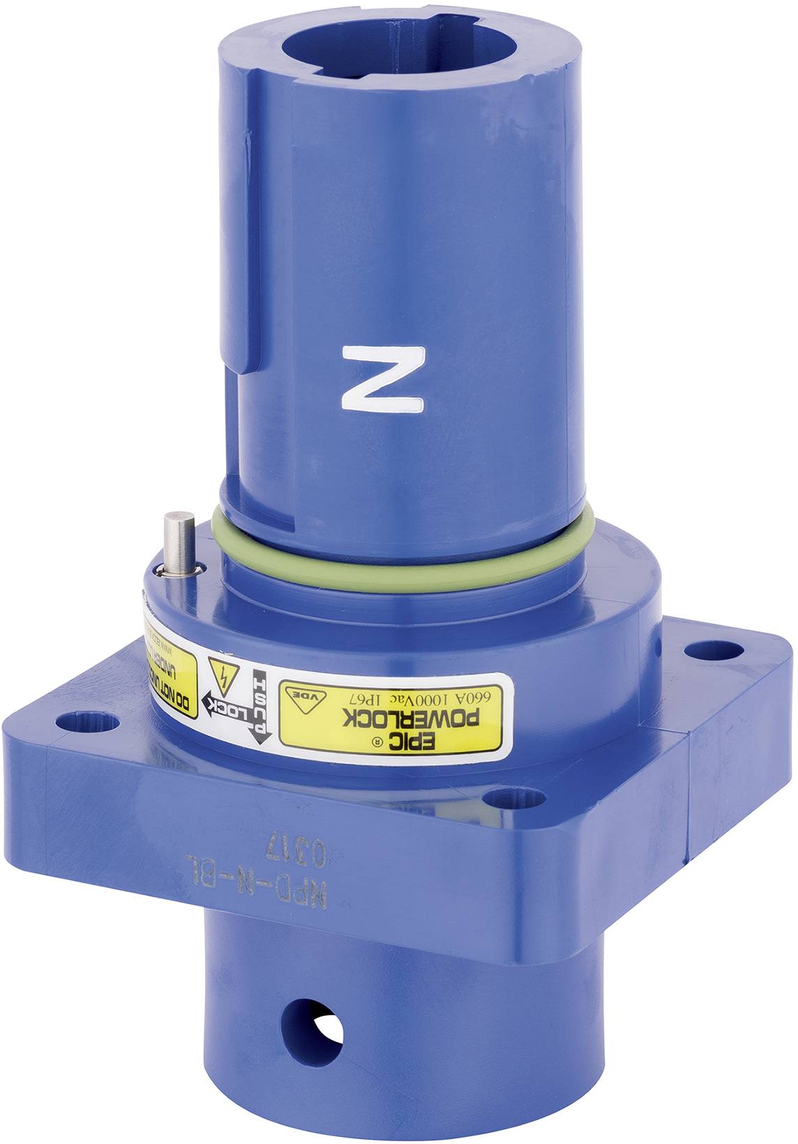 Ein blauer mechanischer Verbinder mit gelben Warnhinweisen und einem Symbol 'Z'. Wird für industrielle Anwendungen verwendet.