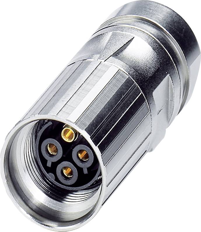 Metallverbinder mit vier runden, vergoldeten Pins, umgeben von einem zylindrischen Metallgehäuse.