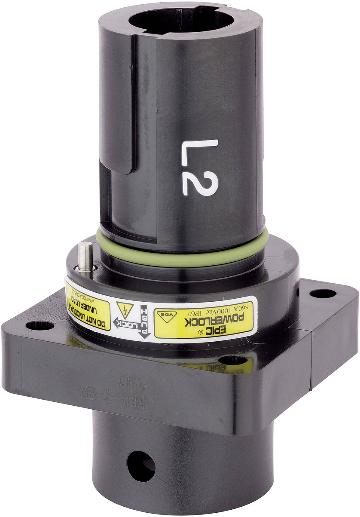 Ein schwarzes mechanisches Teil mit Aufschrift 'L2', das auf einem Sockel montiert ist; möglicherweise ein Teil eines größeren Systems.