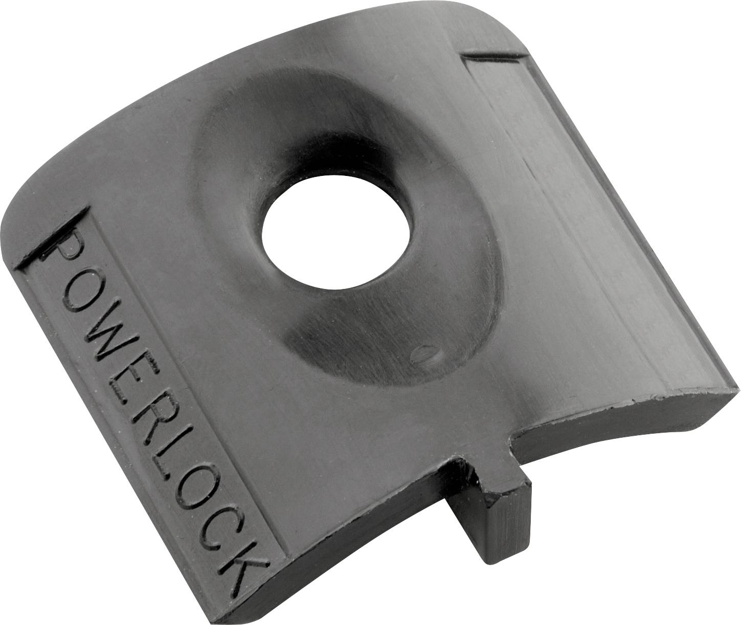 Schwarzes Ersatzteil aus Metall mit Loch in der Mitte und Schriftzug 'POWERLOCK'.