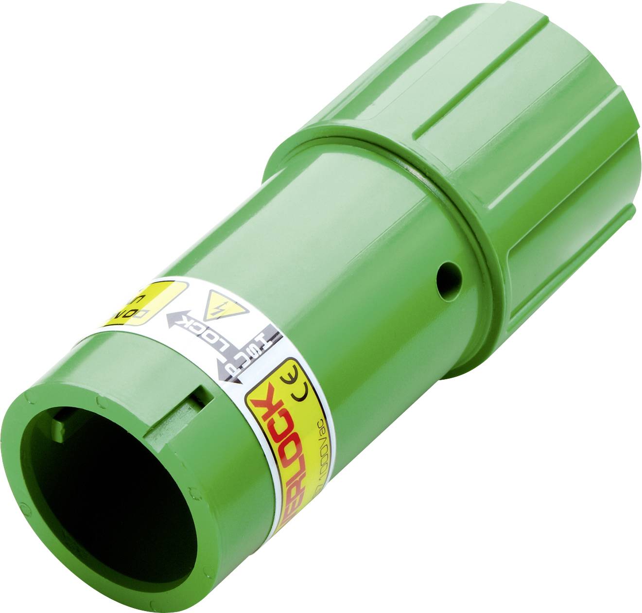 Grüner eckiger Adapter mit mehreren Steckanschlüssen und gelben, schwarzen Warnhinweisen. Used für elektrische Verbindungen.