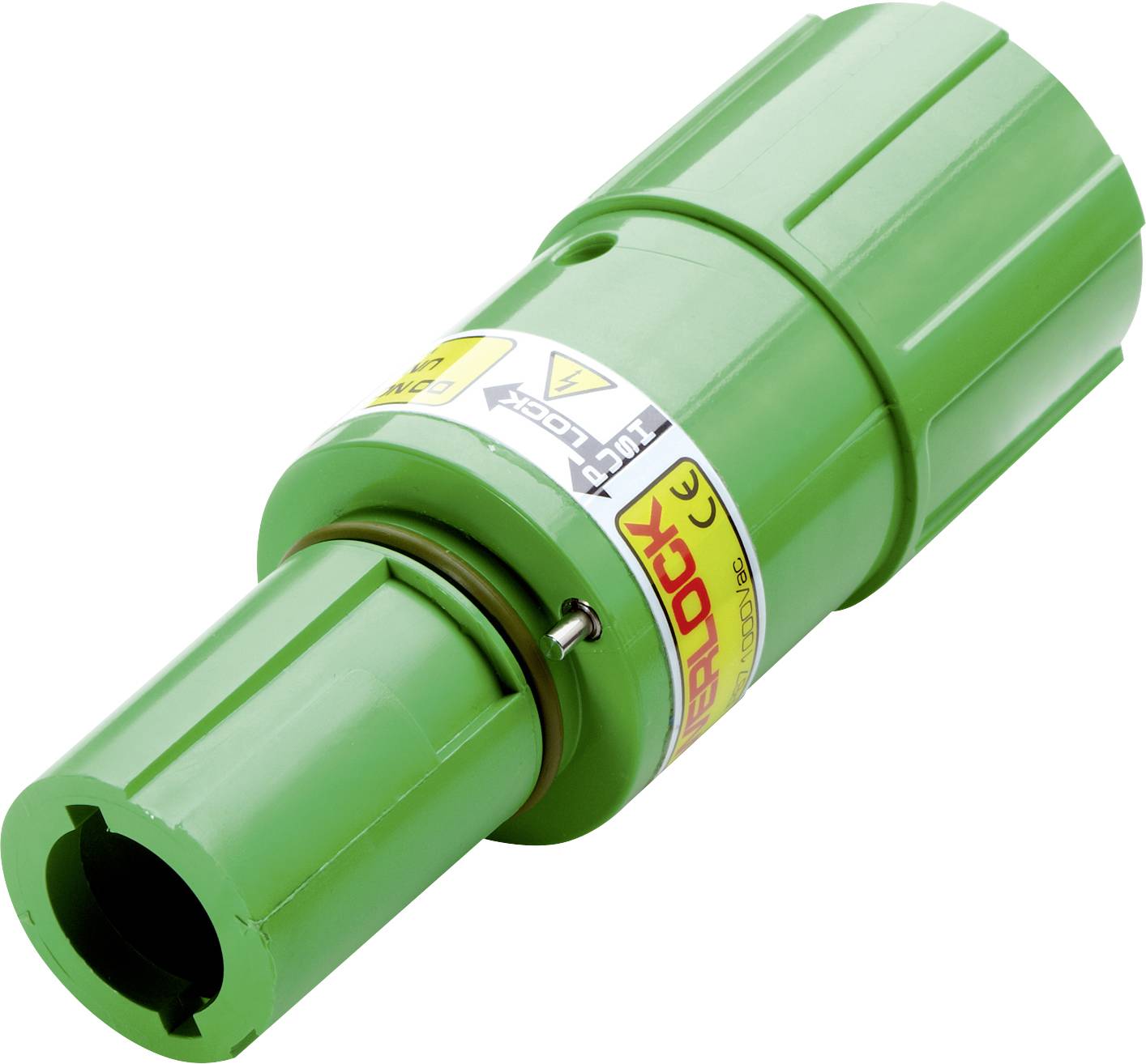 Grüner Verriegelungsstecker mit gelbem 'Lock'-Aufkleber, für sicheren Anschluss und Schutz elektrischer Verbindungen.