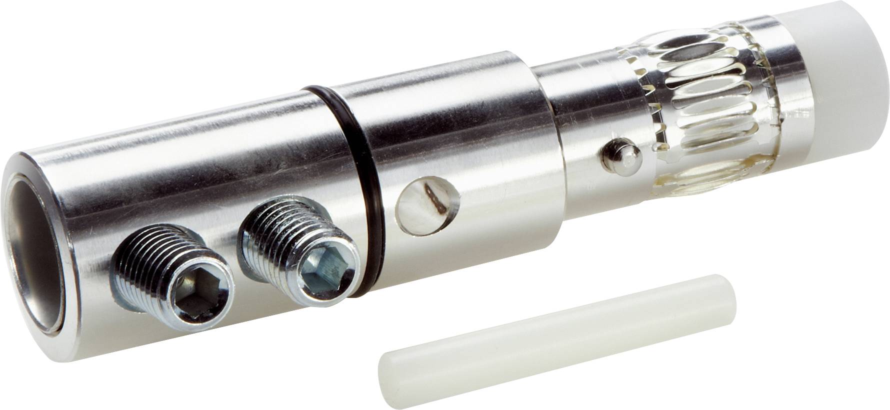 Metallischer Zylinder mit zwei Schrauben und einem geriffelten Abschnitt, wahrscheinlich ein Maschinen- oder Geräteil, vor weißem Hintergrund.