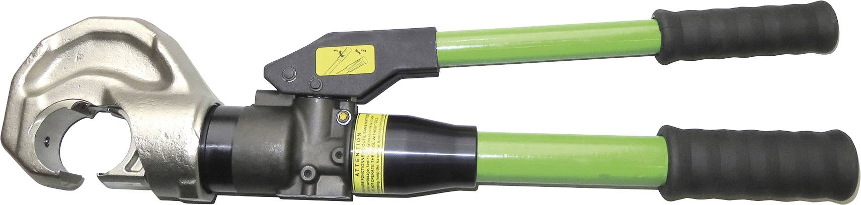 Grüner hydraulischer Kabelschneider mit zwei Griffen und einer Metallklinge zur Bearbeitung von Kabeln.