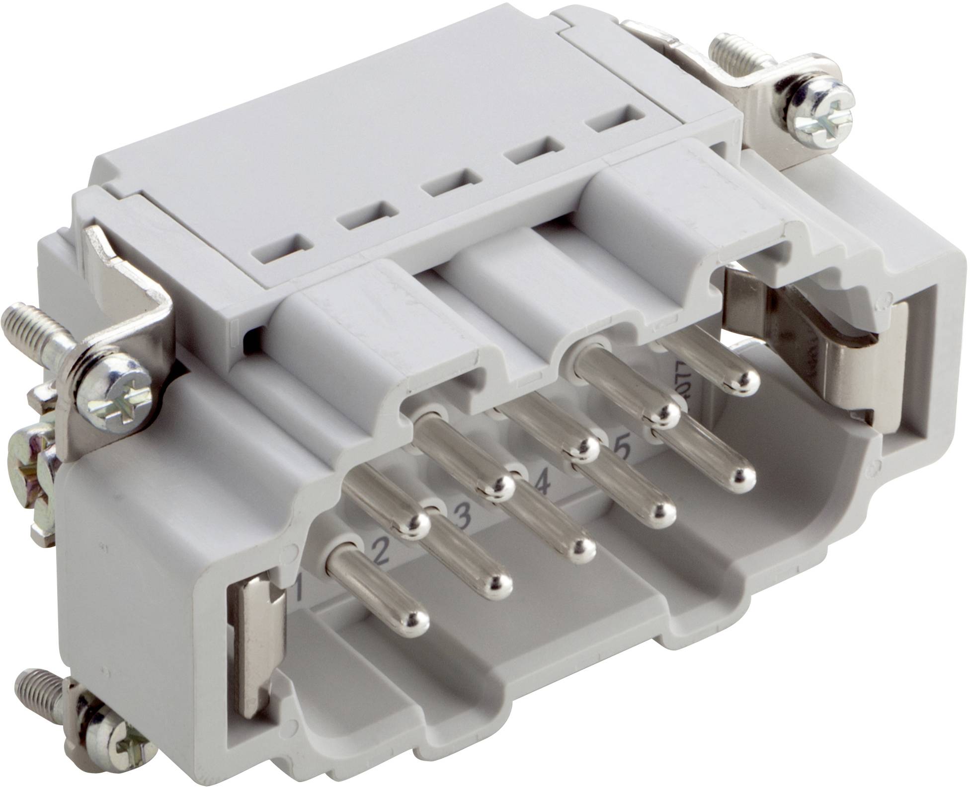 Grau-weißes elektrisches Steckergehäuse mit mehreren silbernen Steckkontakten und Schrauben an den Seiten zur Befestigung.