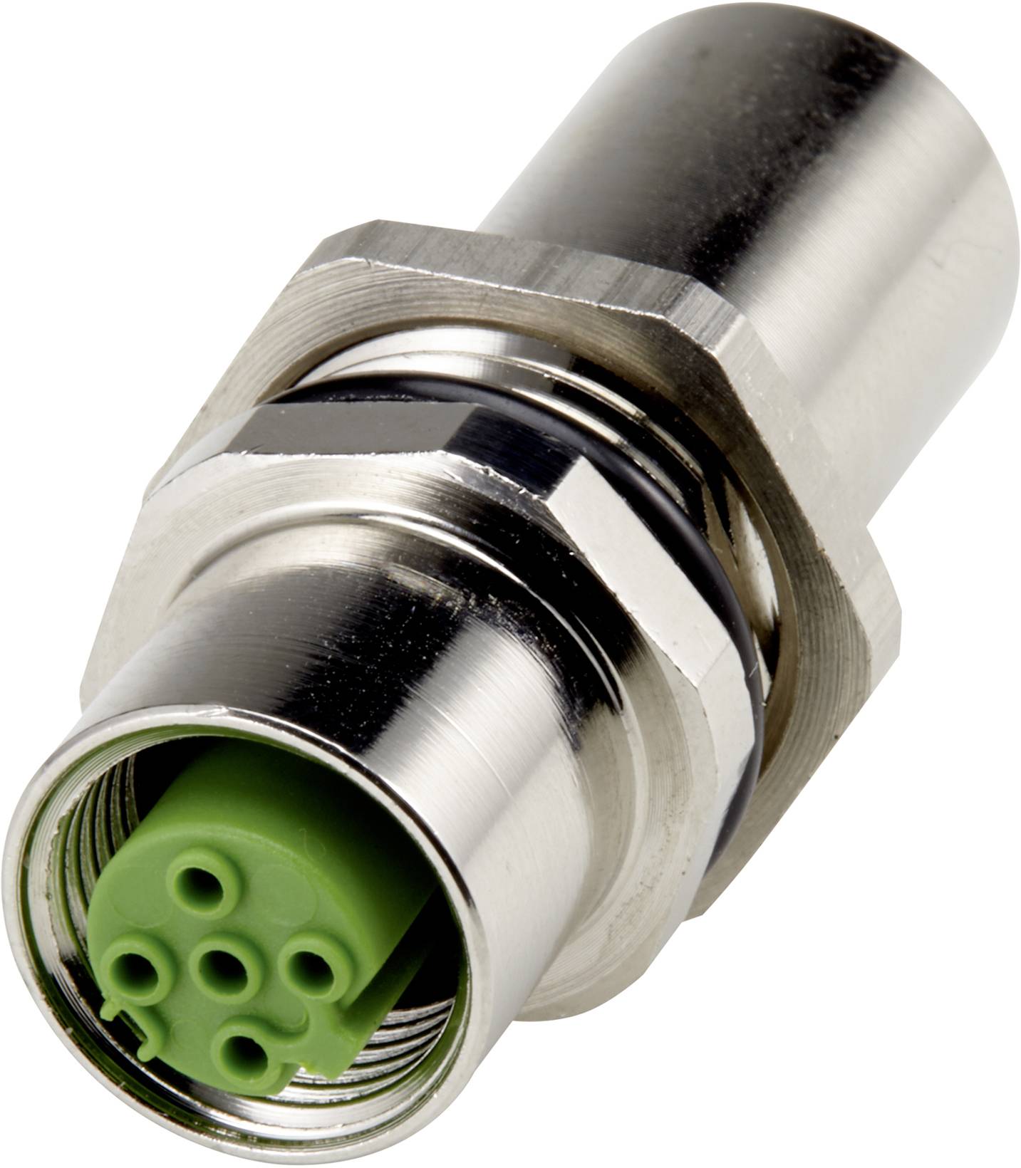 Ein zylindrischer Metallstecker mit einer grünen Innenstruktur und mehreren Löchern für Stifte.