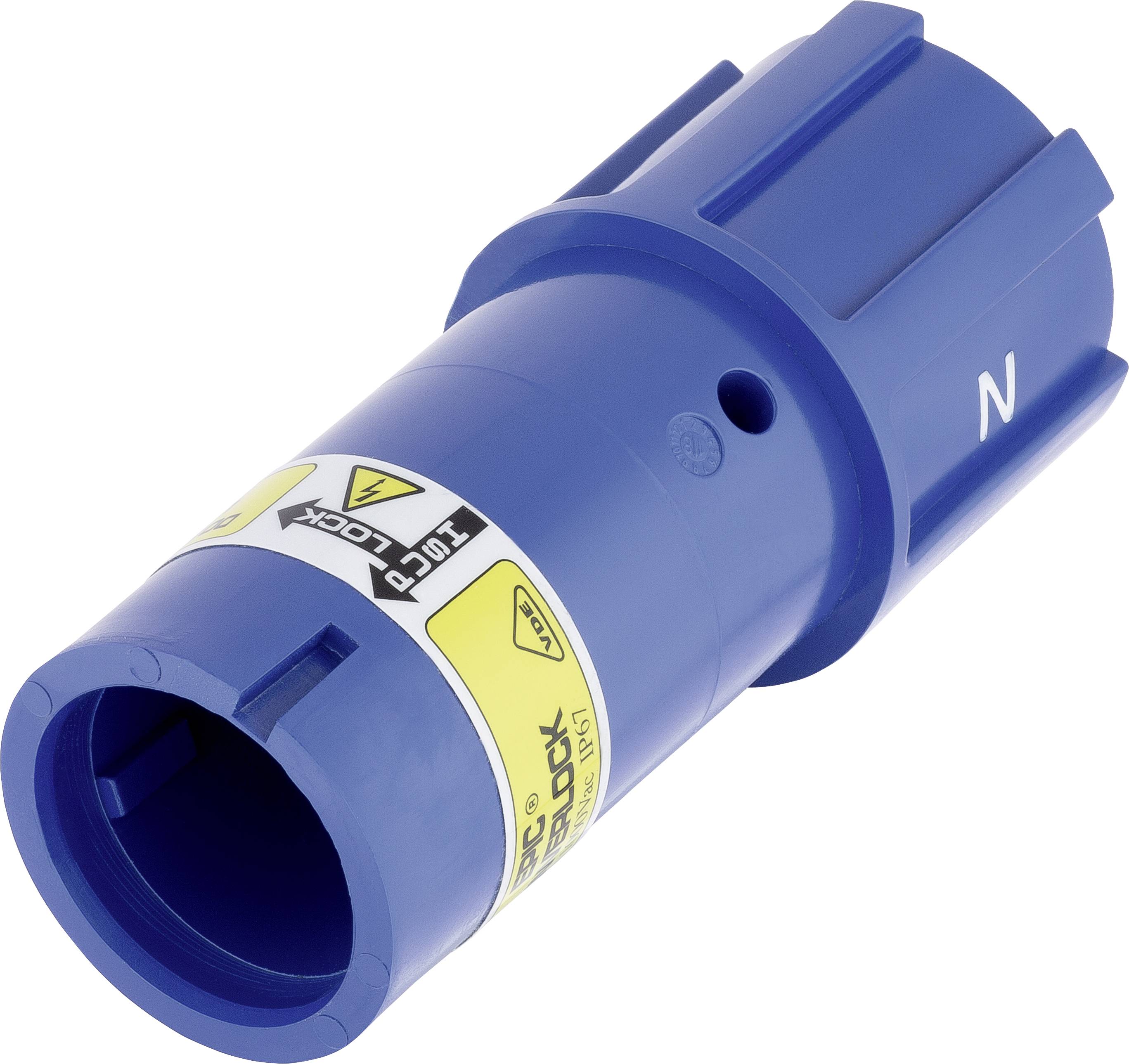 Blauer elektrischer Steckverbinder mit Beschriftungen und Hinweisen für sicheren Gebrauch, seitlich mit der Aufschrift 'N'.